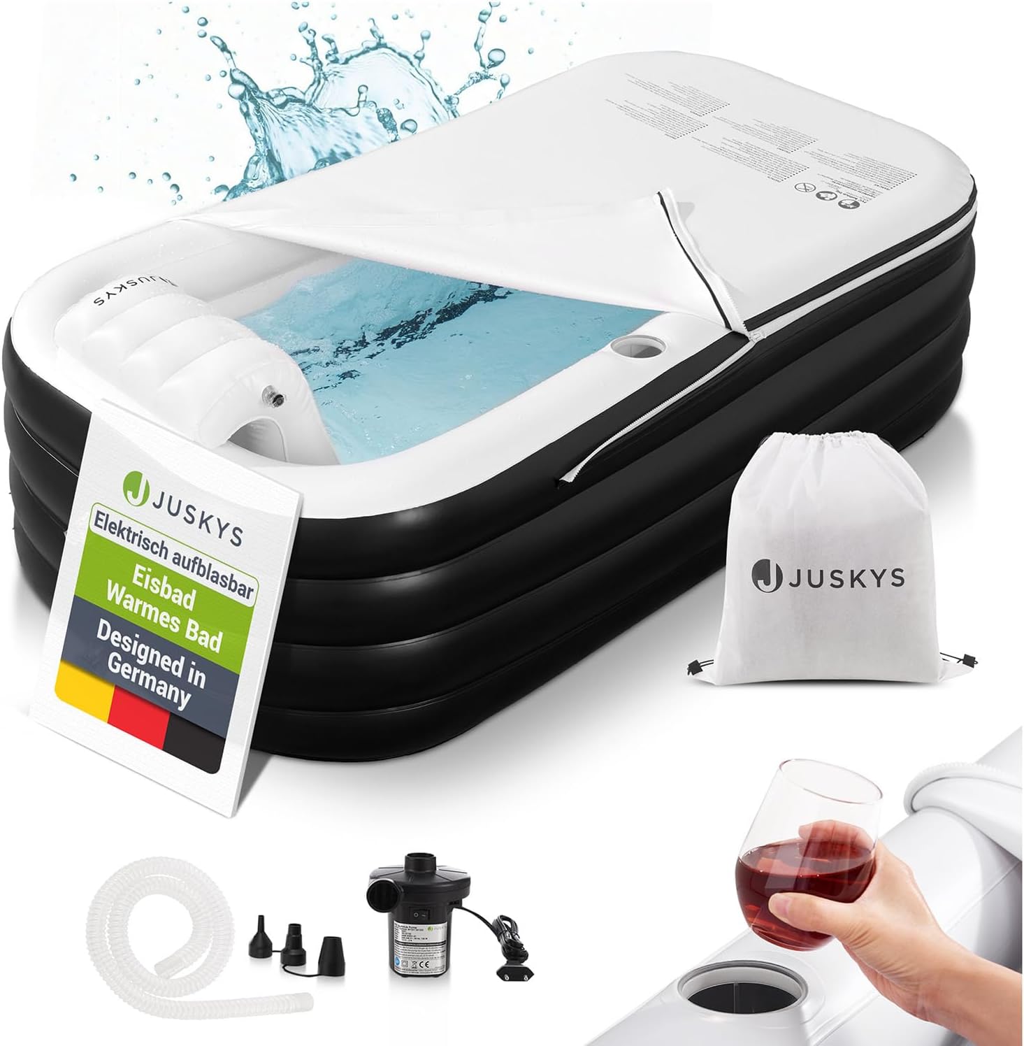 🧊 Whirlpools für Balkon & Terrasse – Juskys aufblasbare Badewanne L – Outdoor-Badewanne für Erwachsene, faltbar, mobiler Eisbehälter mit Rückenlehne für Balkon, Eisbad mit Abdeckung & Pumpe