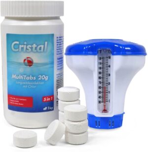 🧼 Zubehör & Pflege – Cristal Multitabs Chlorine with Dispenser & Thermometer - Complete Set for Whirlpool & Pool - Water Care 5-in-1 - Practical & Effective