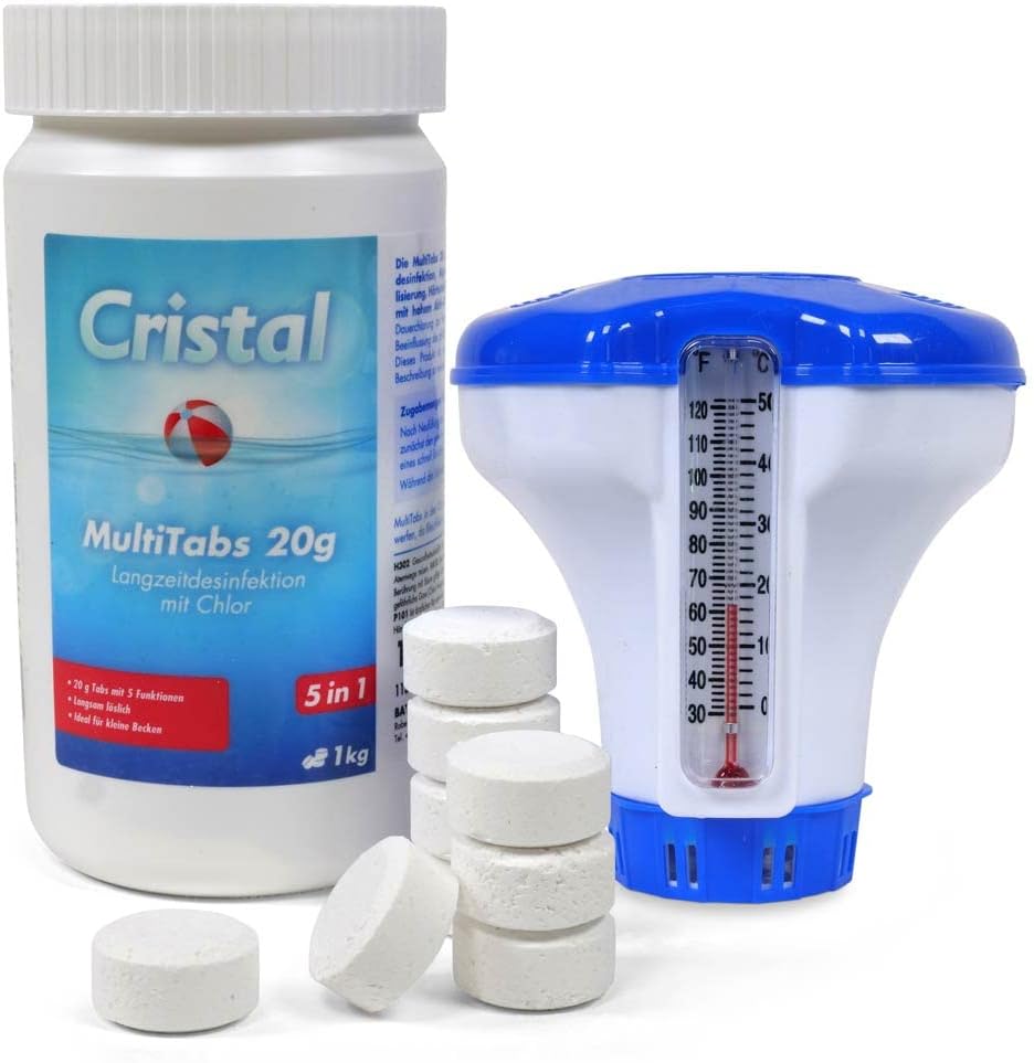 🧼 Zubehör & Pflege – Cristal Multitabs Chlorine with Dispenser & Thermometer - Complete Set for Whirlpool & Pool - Water Care 5-in-1 - Practical & Effective