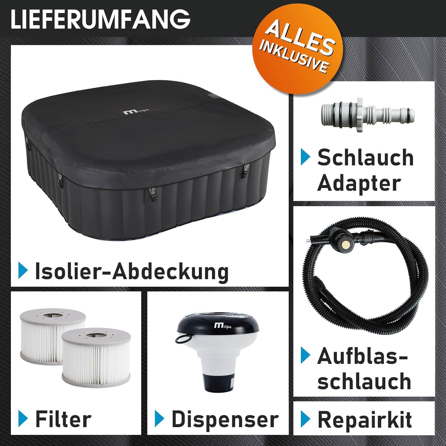 👨👩👧👦 Whirlpools für Familien & Gruppen – Whirlpool MSpa – Aufblasbarer Whirlpool für 4 Personen – 158 x 158 cm großer Innen-/Außenpool – 108 Massagedüsen, Timer-Heizung, Aufblasfunktion mit Druckknopfsteuerung – TÜV-geprüftes Sprudel-Spa/Wellness-Massagegerät – Bild 7