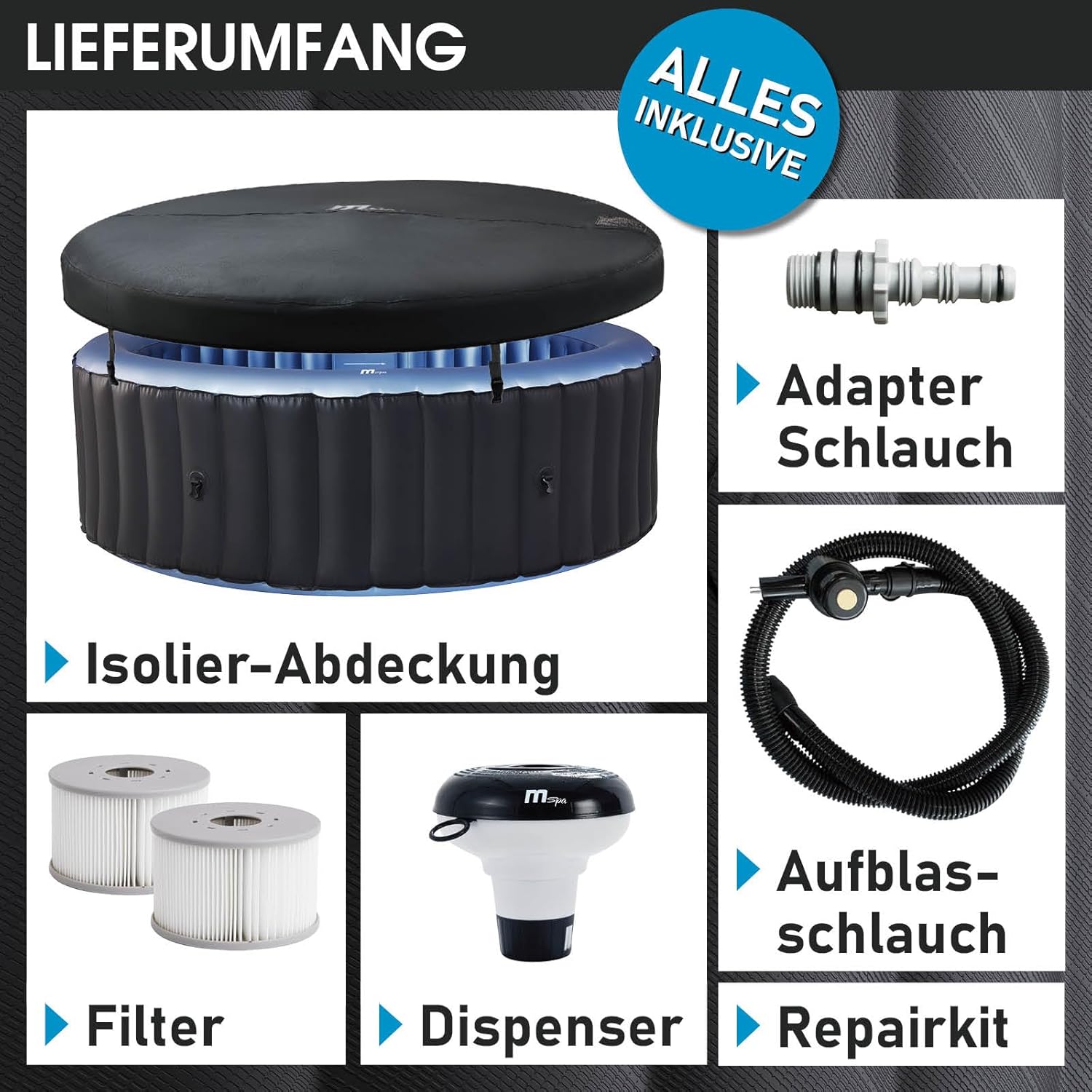 👨👩👧👦 Whirlpools für Familien & Gruppen – BRAST® MSpa Bergen aufblasbarer Whirlpool für 4-8 Personen, viele Größen, Durchmesser 180-224 cm, Indoor-Außenpool, ganzjährige Nutzung, bis zu 144 Massagedüsen, energiesparend inklusive Energiespar-Timer, – Bild 9