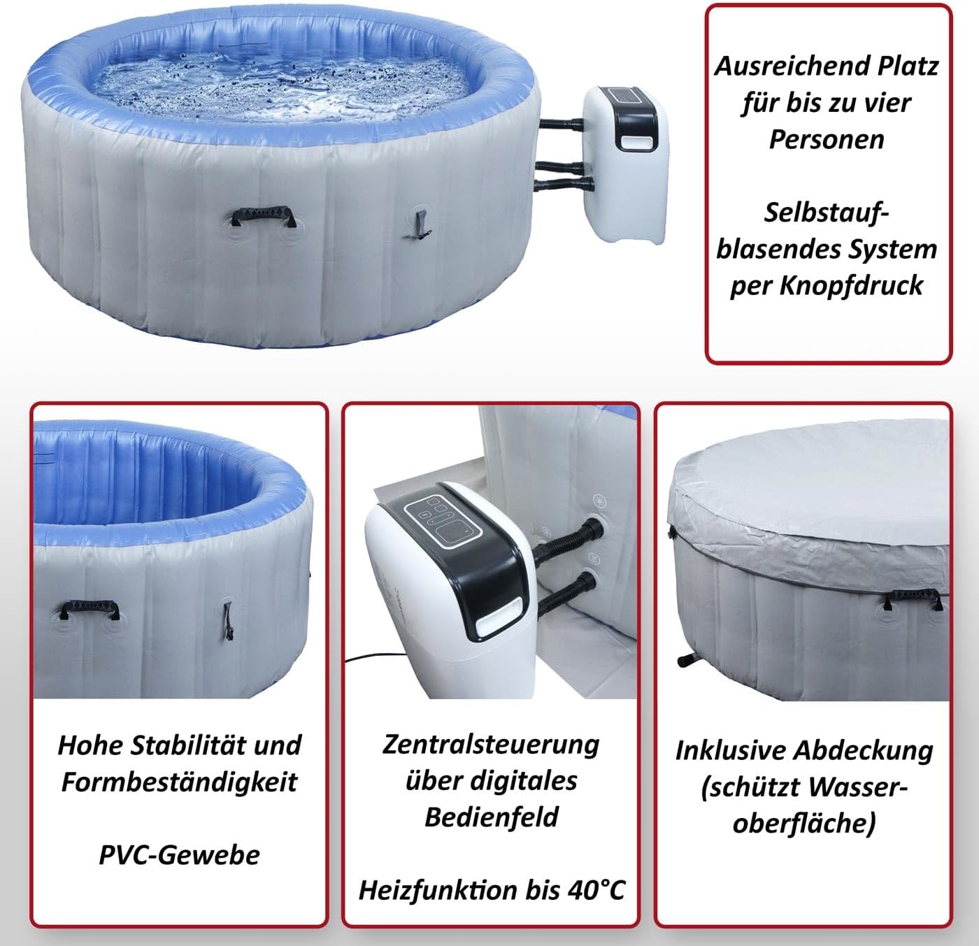 👨👩👧👦 Whirlpools für Familien & Gruppen – Mendler Whirlpool HWC-N97 4 Personen Indoor/Outdoor beheizbare aufblasbare Pumpe, PVC laminiert, rund, Durchmesser 180 cm, grau/weiß – Bild 2