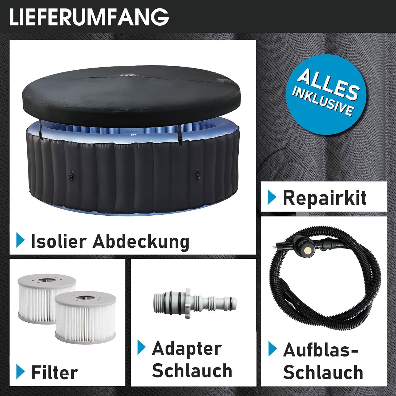 👨👩👧👦 Whirlpools für Familien & Gruppen – BRAST® MSpa Bergen aufblasbarer Whirlpool für 4-8 Personen, viele Größen, Durchmesser 180-224 cm, In- Outdoor Pool, ganzjähriger Einsatz, bis zu 144 Massagedüsen, energiesparend inklusive Energiespartimer, Bergen 4 – Bild 9