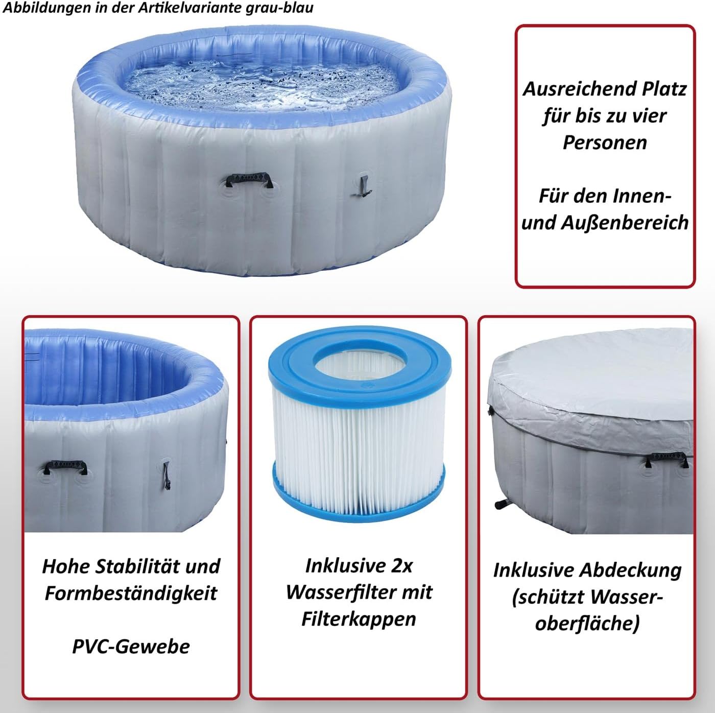 👨👩👧👦 Whirlpools für Familien & Gruppen – Mendler Whirlpool HWC-N97 Ersatzpool für 4 Personen, Indoor/Outdoor aufblasbar, PVC laminiert, rund, Durchmesser 180 cm, grau/weiß – Bild 2