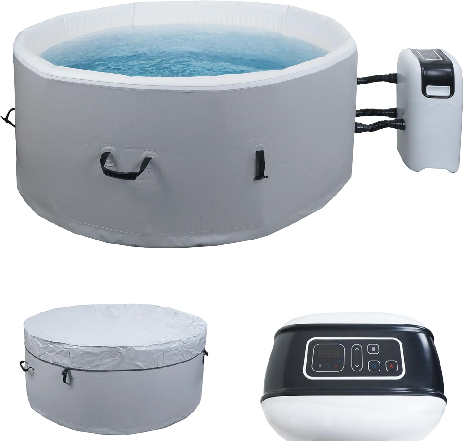 👨👩👧👦 Whirlpools für Familien & Gruppen – Mendler Whirlpool HWC-N97, 4 Personen, für drinnen und draußen, beheizbar, Pumpe, Dropstitch-Stoff, rund, Durchmesser 150 cm, Grau/Weiß