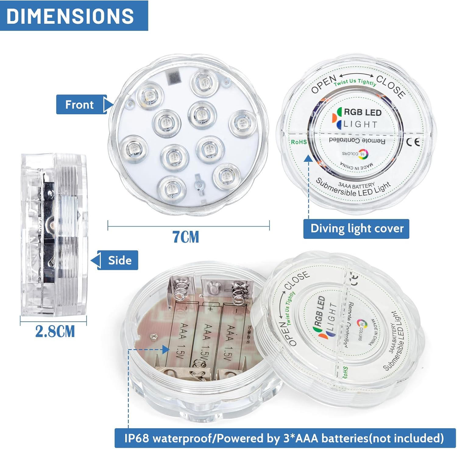 🎯 Whirlpool Gadgets – Underwater Light with Remote Control - Waterproof and Battery Operated - RGB Multi Colour Changing - For Pool, Vase, Spa, Aquarium, Pond, Hot Tub, Party Decoration (Pack of 2) – Bild 5