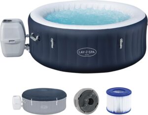 👨‍👩‍👧‍👦 Whirlpools für Familien & Gruppen – Bestway Lay-Z-SPA Miami AirJet Energiespar-Whirlpool, Ø 180 x 66 cm, 4 Personen, Heizung, Frostschutz, 120 AirJet-Düsen, energiesparende Isolierung, Thermoabdeckung, dunkelblau