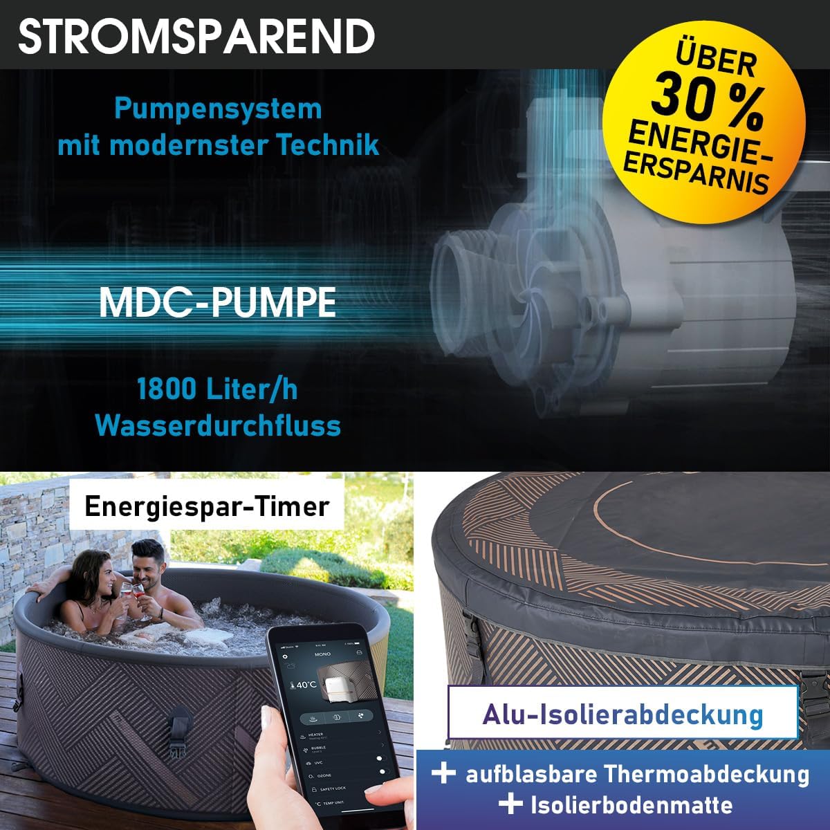 ⭐ Luxus Whirlpools – BRAST® Aufblasbarer MSpa Frame Mono Eco Whirlpool für 6 Personen, Ø 173 x 65 cm, 138 Massagedüsen in 3 Intensitäten, Indoor-, Outdoor-Pool, ganzjähriger Einsatz, winterfest, einfache Steuerung per App – Bild 8