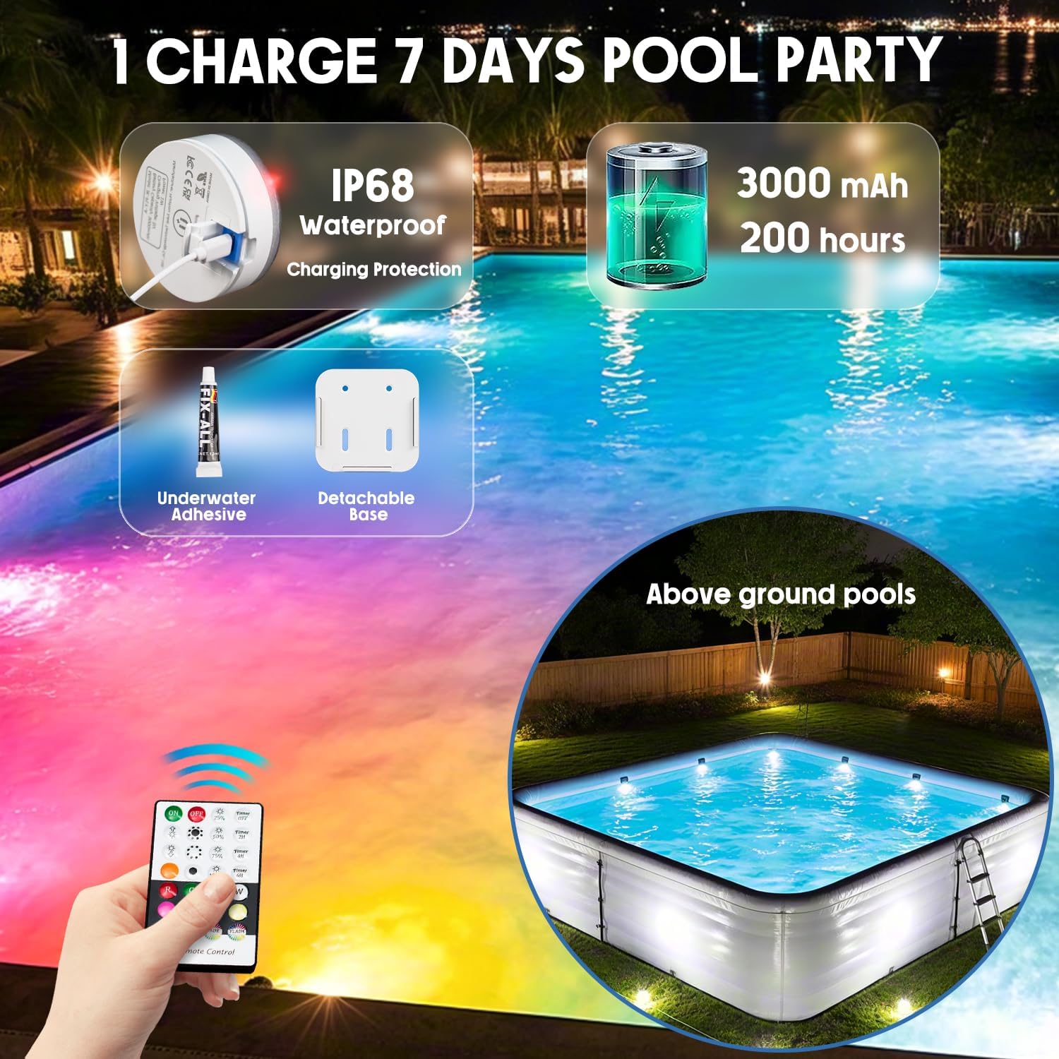 🎯 Whirlpool Gadgets – Underwater Pool Lighting, Rechargeable Underwater Light LED with Remote Control, Waterproof Pool Lights, Pond Lighting for Pool, Bathtub, Aquarium, Fountain, Party Decoration, Pack of 2 – Bild 3