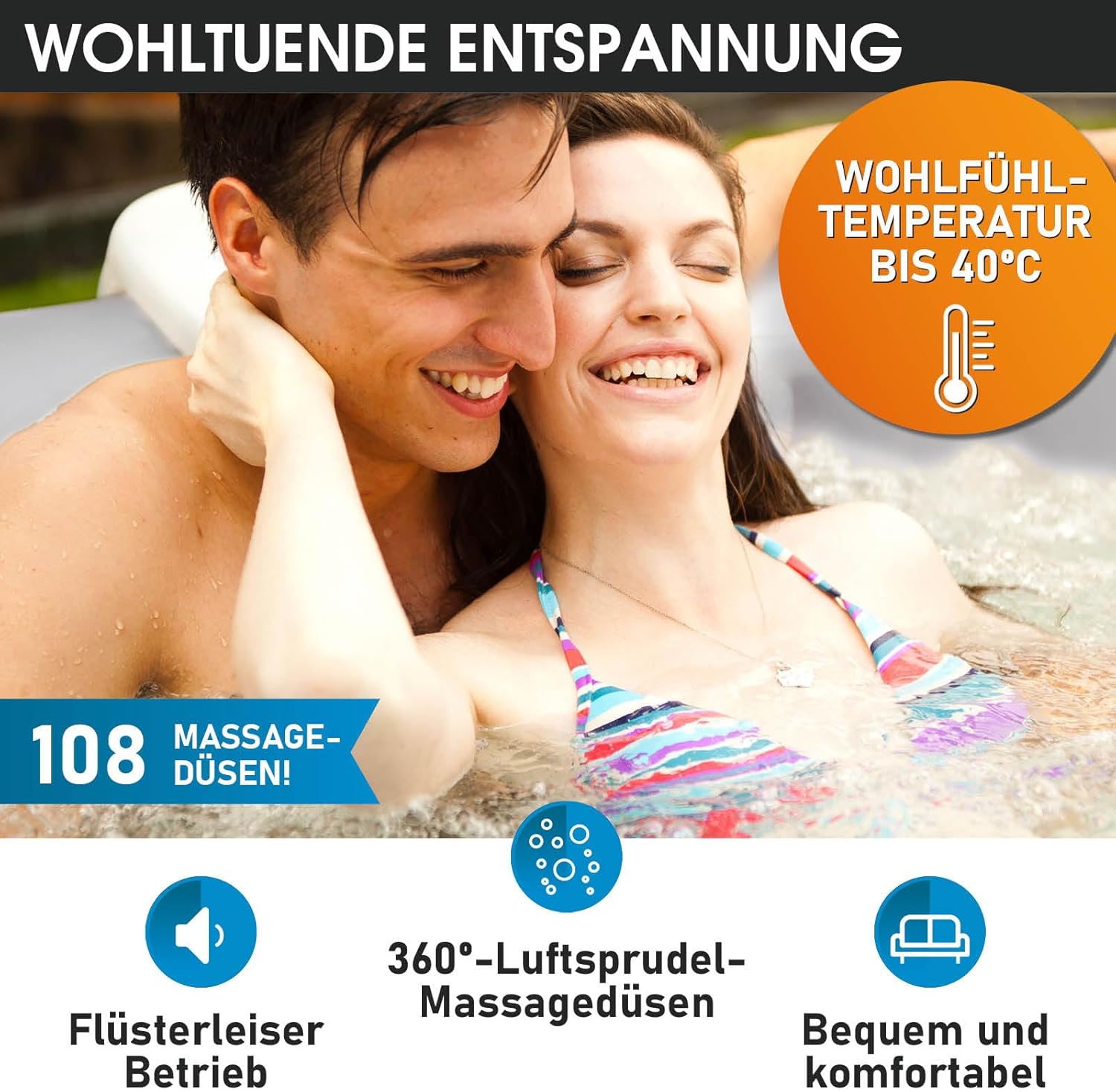 👨👩👧👦 Whirlpools für Familien & Gruppen – Whirlpool MSpa – Aufblasbarer Whirlpool für 4 Personen – 158 x 158 cm großer Innen-/Außenpool – 108 Massagedüsen, Timer-Heizung, Aufblasfunktion mit Druckknopfsteuerung – TÜV-geprüftes Sprudel-Spa/Wellness-Massagegerät – Bild 3