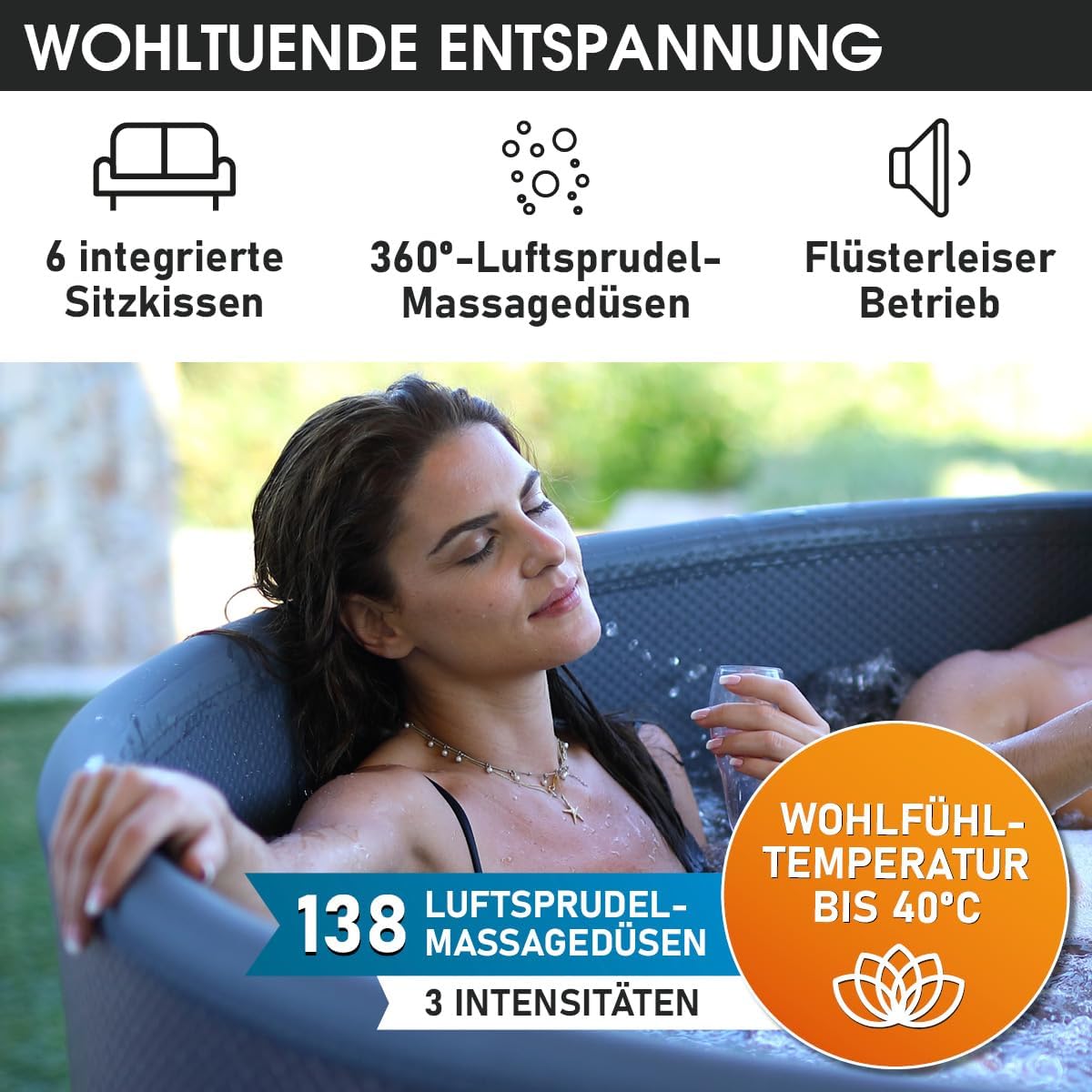 ⭐ Luxus Whirlpools – BRAST® Aufblasbarer MSpa Frame Mono Eco Whirlpool für 6 Personen, Ø 173 x 65 cm, 138 Massagedüsen in 3 Intensitäten, Indoor-, Outdoor-Pool, ganzjähriger Einsatz, winterfest, einfache Steuerung per App – Bild 5