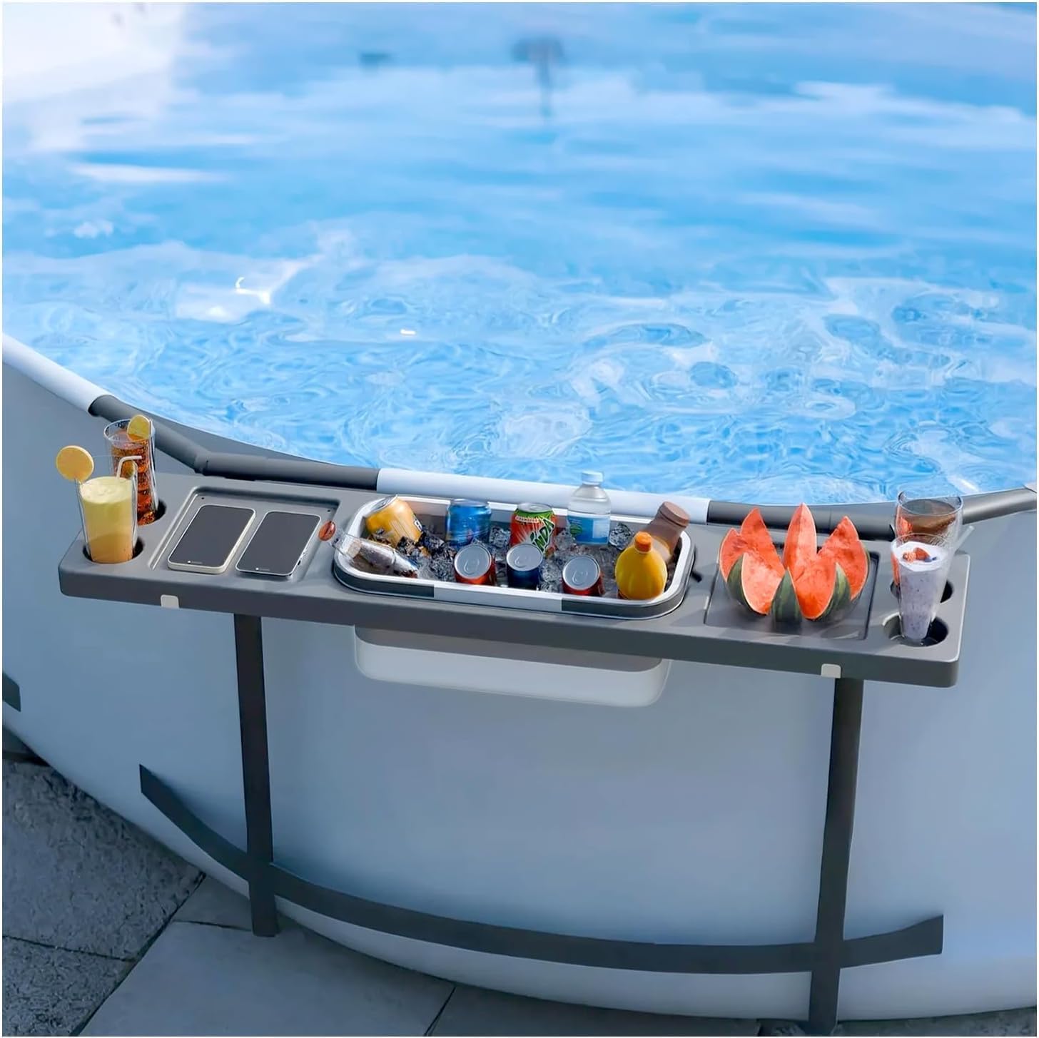 🧊 Whirlpools für Balkon & Terrasse – 3-in-1-Poolbar, Billardtisch mit Eiskübel, Getränkehalter, Ablageschale für oberirdische Pools, wetterfeste Swim-Up-Bar, stabile Tischplatte, Poolzubehör, Grau