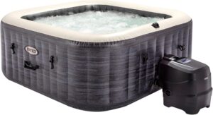 👨‍👩‍👧‍👦 Whirlpools für Familien & Gruppen – INTEX PureSpa Greywood Deluxe Innen- und Außenwhirlpool, aufblasbar, für 4 Personen, 795 l (145 x 71 cm), inklusive Wasserenthärtungs- und Salzwassersystem, 140 Massagedüsen, Heizsystem, App-Steuerung