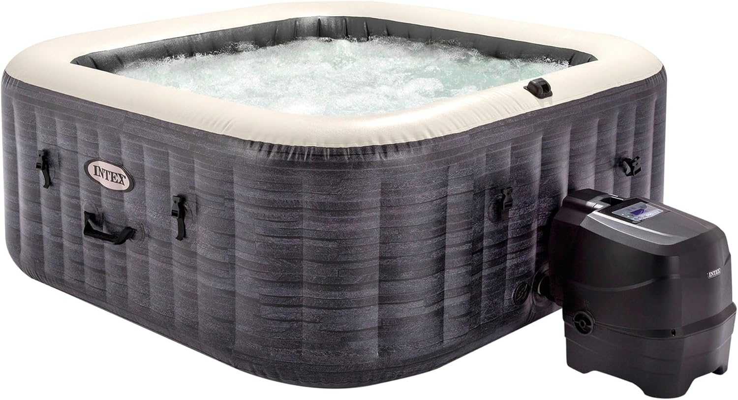 👨👩👧👦 Whirlpools für Familien & Gruppen – INTEX PureSpa Greywood Deluxe Innen- und Außenwhirlpool, aufblasbar, für 4 Personen, 795 l (145 x 71 cm), inklusive Wasserenthärtungs- und Salzwassersystem, 140 Massagedüsen, Heizsystem, App-Steuerung
