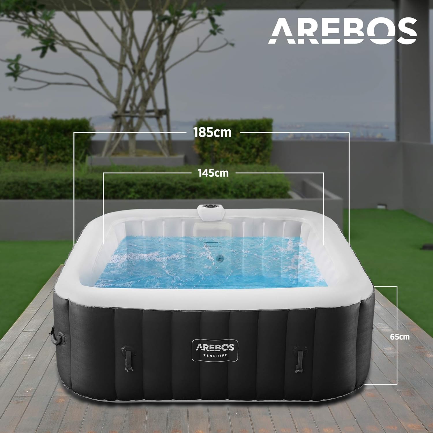 🧊 Whirlpools für Balkon & Terrasse – Arebos Spa Whirlpool 2400 W | Automatisch aufblasbar | Innen- und Außen-Spa-Pool | 6 Personen | 185 x 185 cm | LED-Beleuchtung | 130 Massagedüsen | 910 L | Inklusive Cover | Bubble Spa & Wellness-Massage – Bild 7