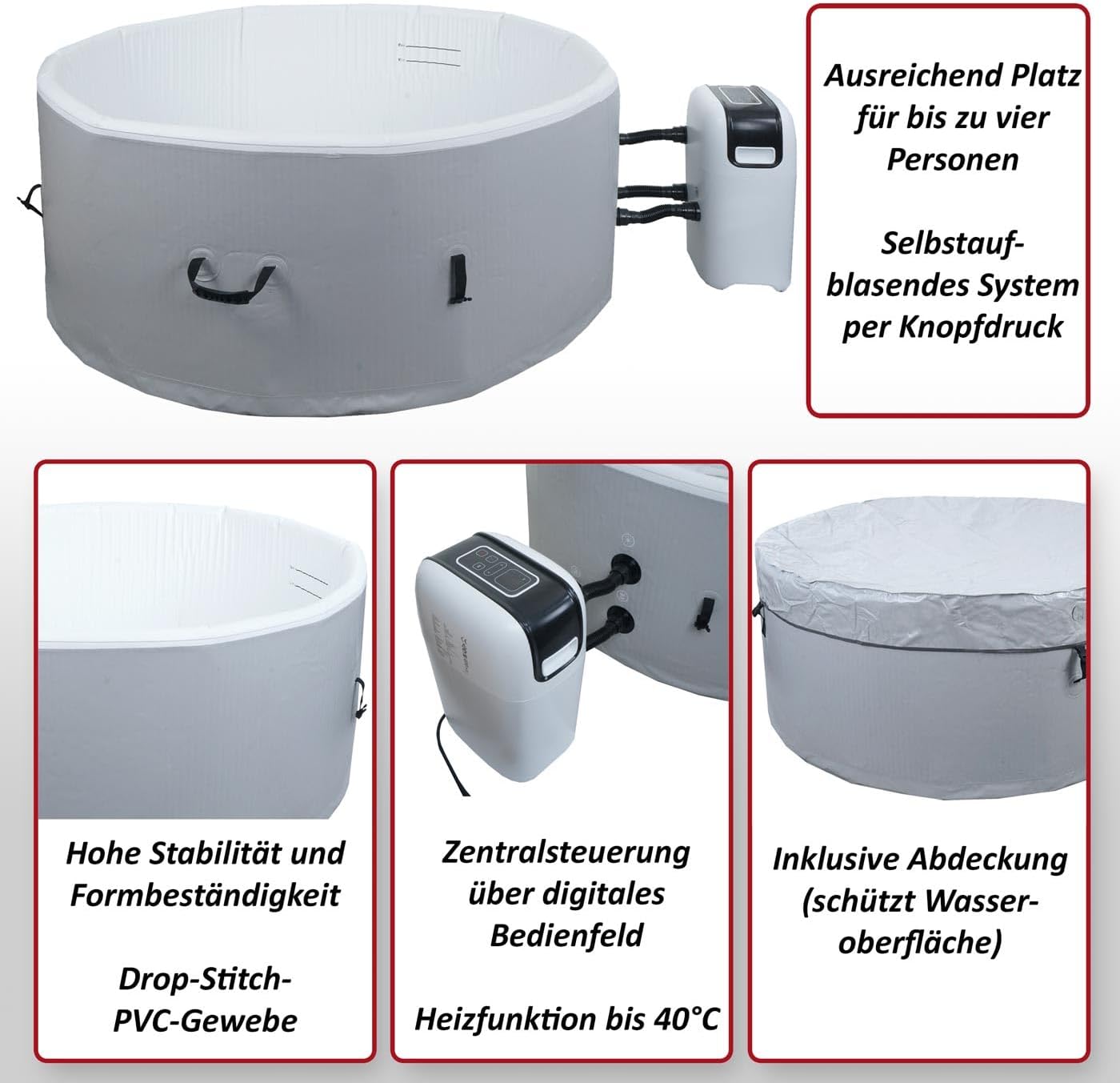 👨👩👧👦 Whirlpools für Familien & Gruppen – Mendler Whirlpool HWC-N97, 4 Personen, für drinnen und draußen, beheizbar, Pumpe, Dropstitch-Stoff, rund, Durchmesser 150 cm, Grau/Weiß – Bild 2