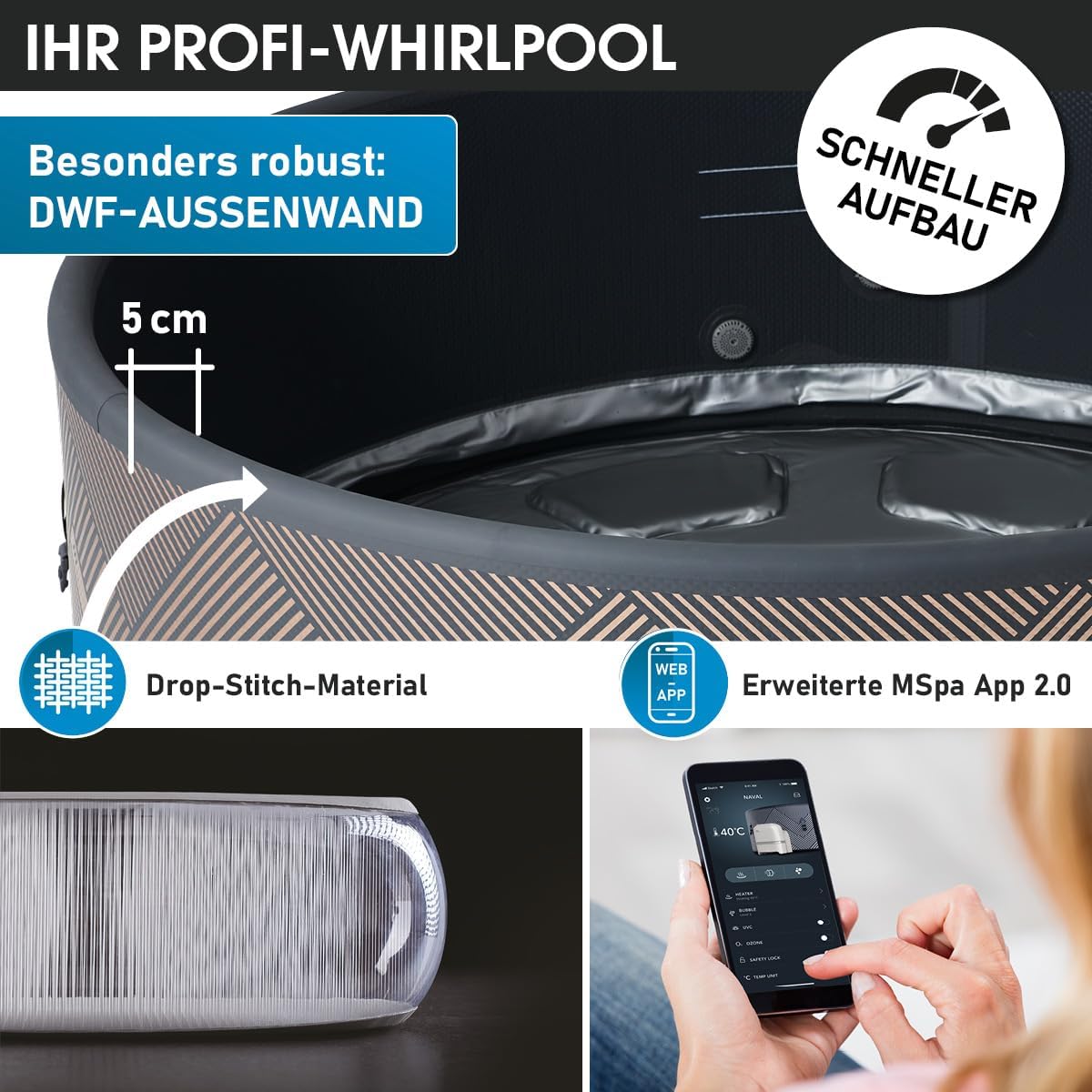 ⭐ Luxus Whirlpools – BRAST® Aufblasbarer MSpa Frame Mono Eco Whirlpool für 6 Personen, Ø 173 x 65 cm, 138 Massagedüsen in 3 Intensitäten, Indoor-, Outdoor-Pool, ganzjähriger Einsatz, winterfest, einfache Steuerung per App – Bild 3
