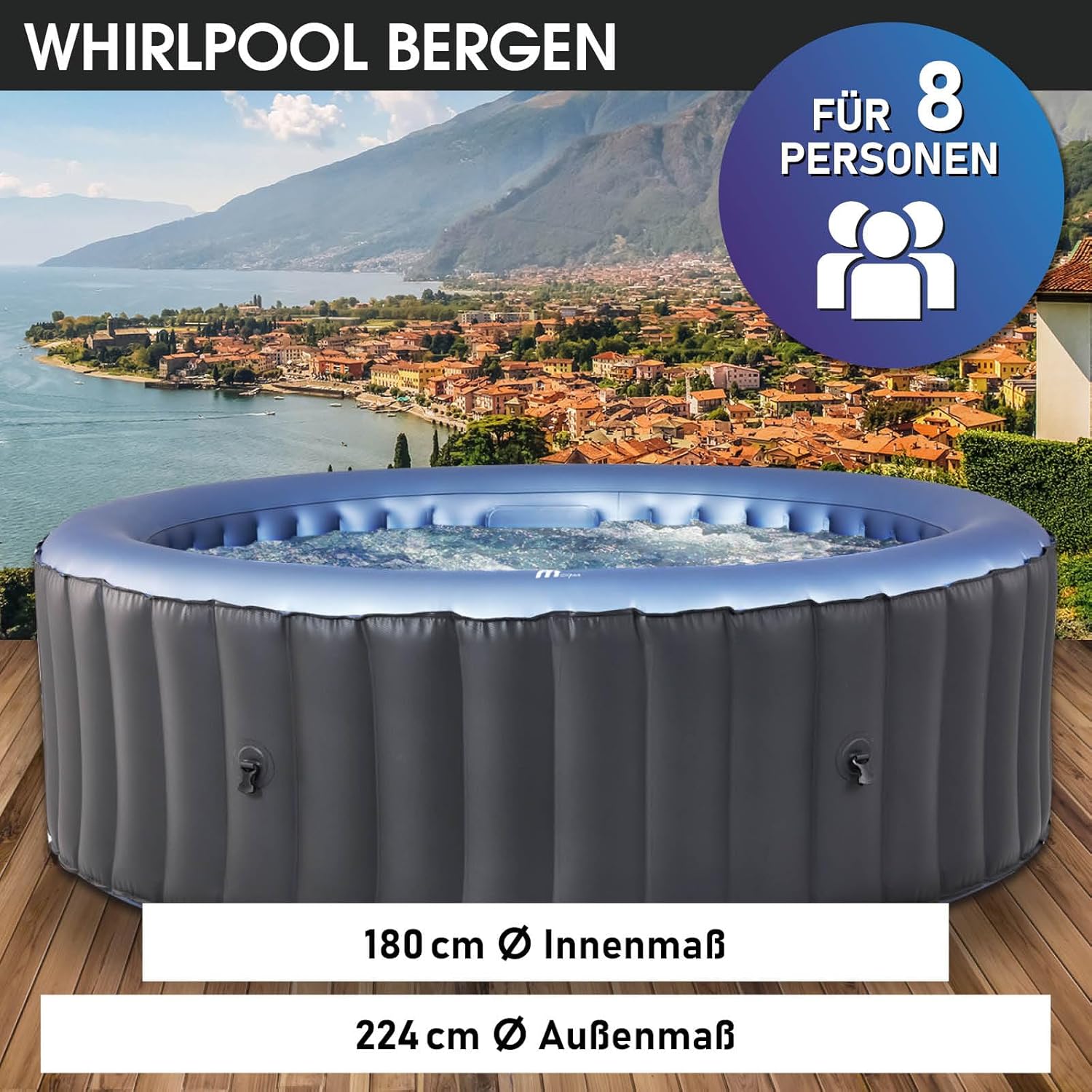 👨👩👧👦 Whirlpools für Familien & Gruppen – BRAST® MSpa Bergen aufblasbarer Whirlpool für 4-8 Personen, viele Größen, Durchmesser 180-224 cm, Indoor-Außenpool, ganzjährige Nutzung, bis zu 144 Massagedüsen, energiesparend inklusive Energiespar-Timer, – Bild 2