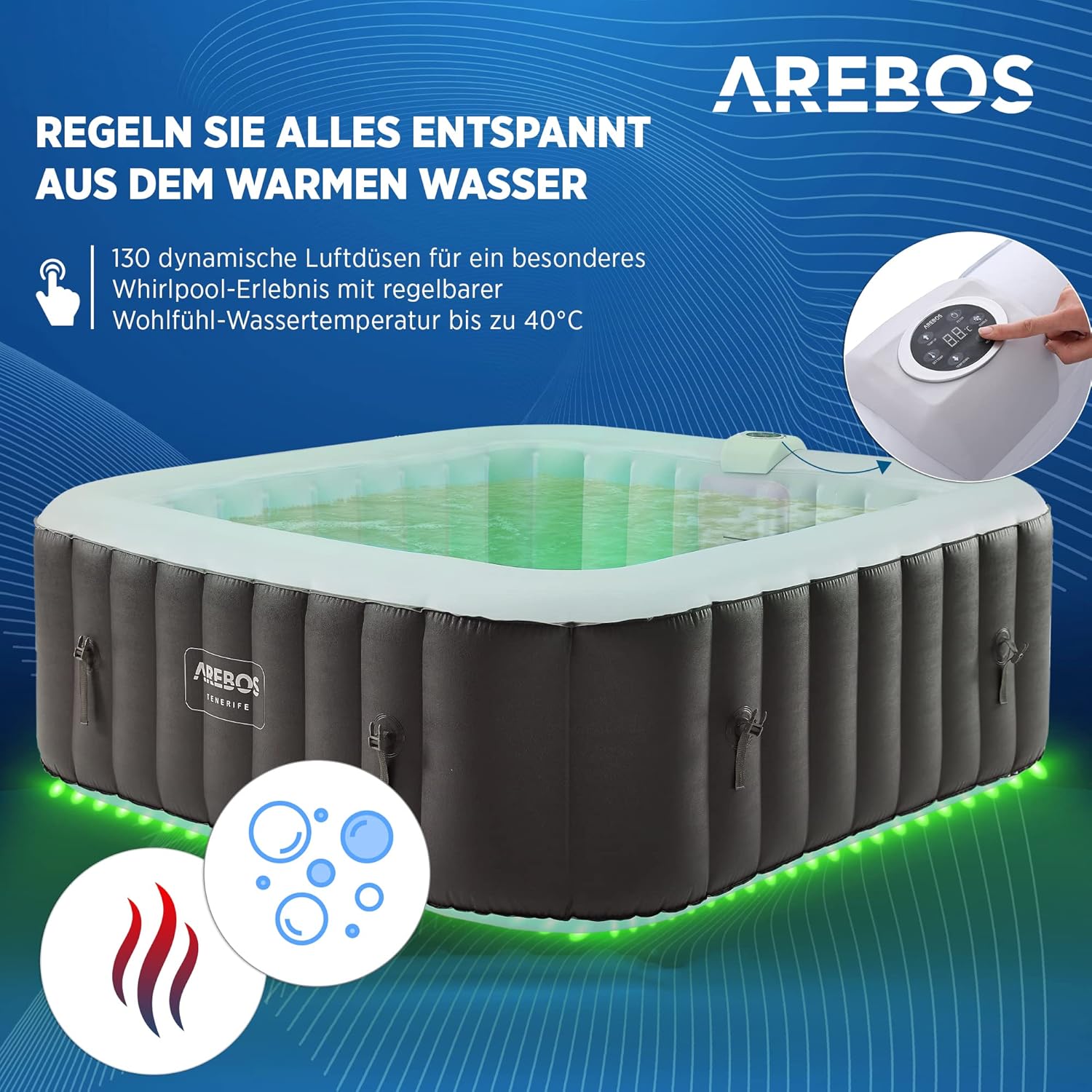 🧊 Whirlpools für Balkon & Terrasse – Arebos Spa Whirlpool 2400 W | Automatisch aufblasbar | Innen- und Außen-Spa-Pool | 6 Personen | 185 x 185 cm | LED-Beleuchtung | 130 Massagedüsen | 910 L | Inklusive Cover | Bubble Spa & Wellness-Massage – Bild 3