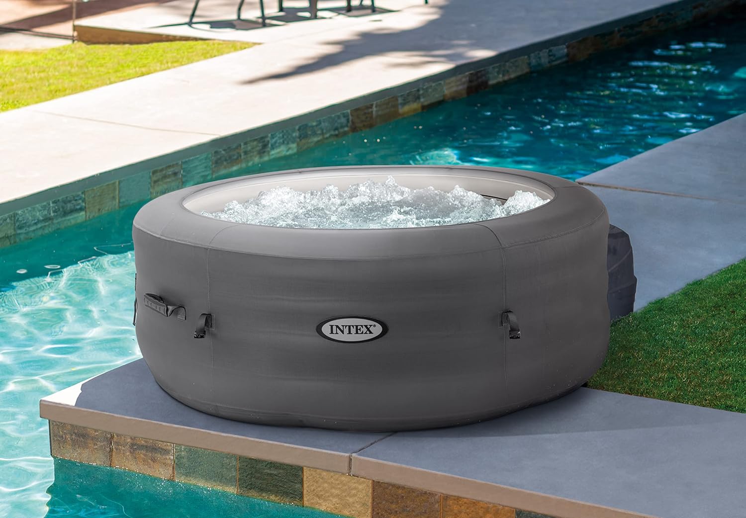 👨👩👧👦 Whirlpools für Familien & Gruppen – Intex Simple Spa 28482 Aufblasbarer Whirlpool, 4 Personen, 100 Düsen, Heizung, Grau, Durchmesser 196 x 66 cm – Bild 4