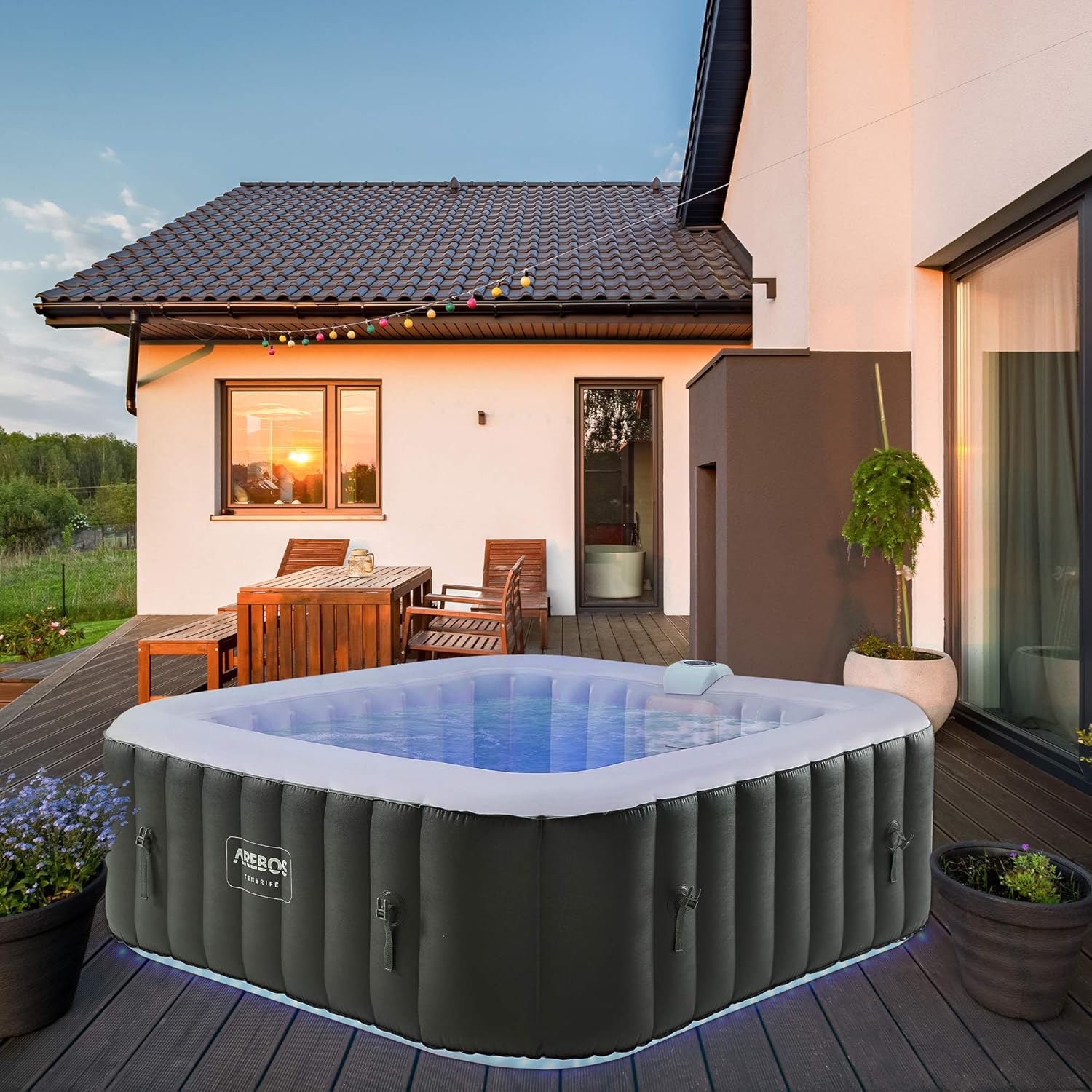 🧊 Whirlpools für Balkon & Terrasse – Arebos Spa Whirlpool 2400 W | Automatisch aufblasbar | Innen- und Außen-Spa-Pool | 6 Personen | 185 x 185 cm | LED-Beleuchtung | 130 Massagedüsen | 910 L | Inklusive Cover | Bubble Spa & Wellness-Massage