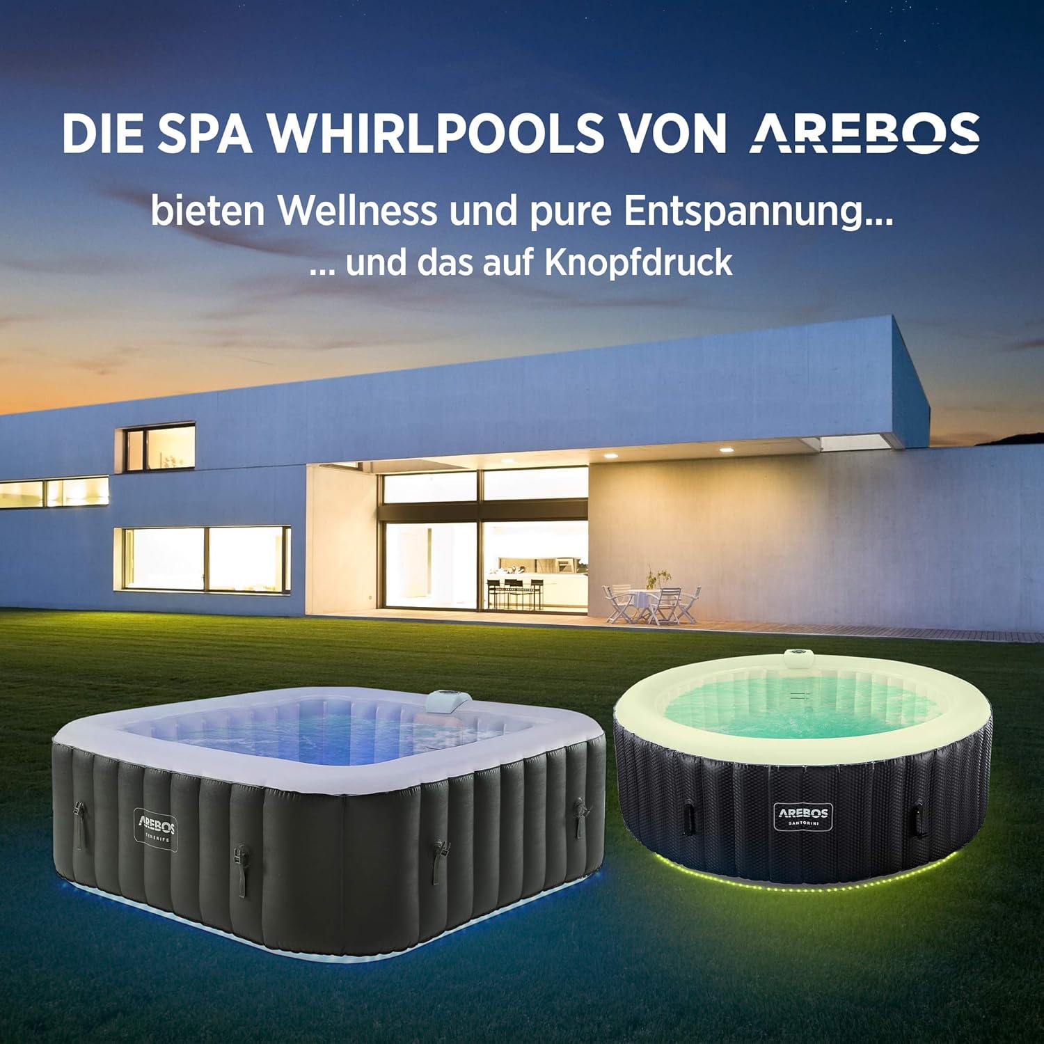 🧊 Whirlpools für Balkon & Terrasse – Arebos Spa Whirlpool 2400 W | Automatisch aufblasbar | Innen- und Außen-Spa-Pool | 6 Personen | 185 x 185 cm | LED-Beleuchtung | 130 Massagedüsen | 910 L | Inklusive Cover | Bubble Spa & Wellness-Massage – Bild 5
