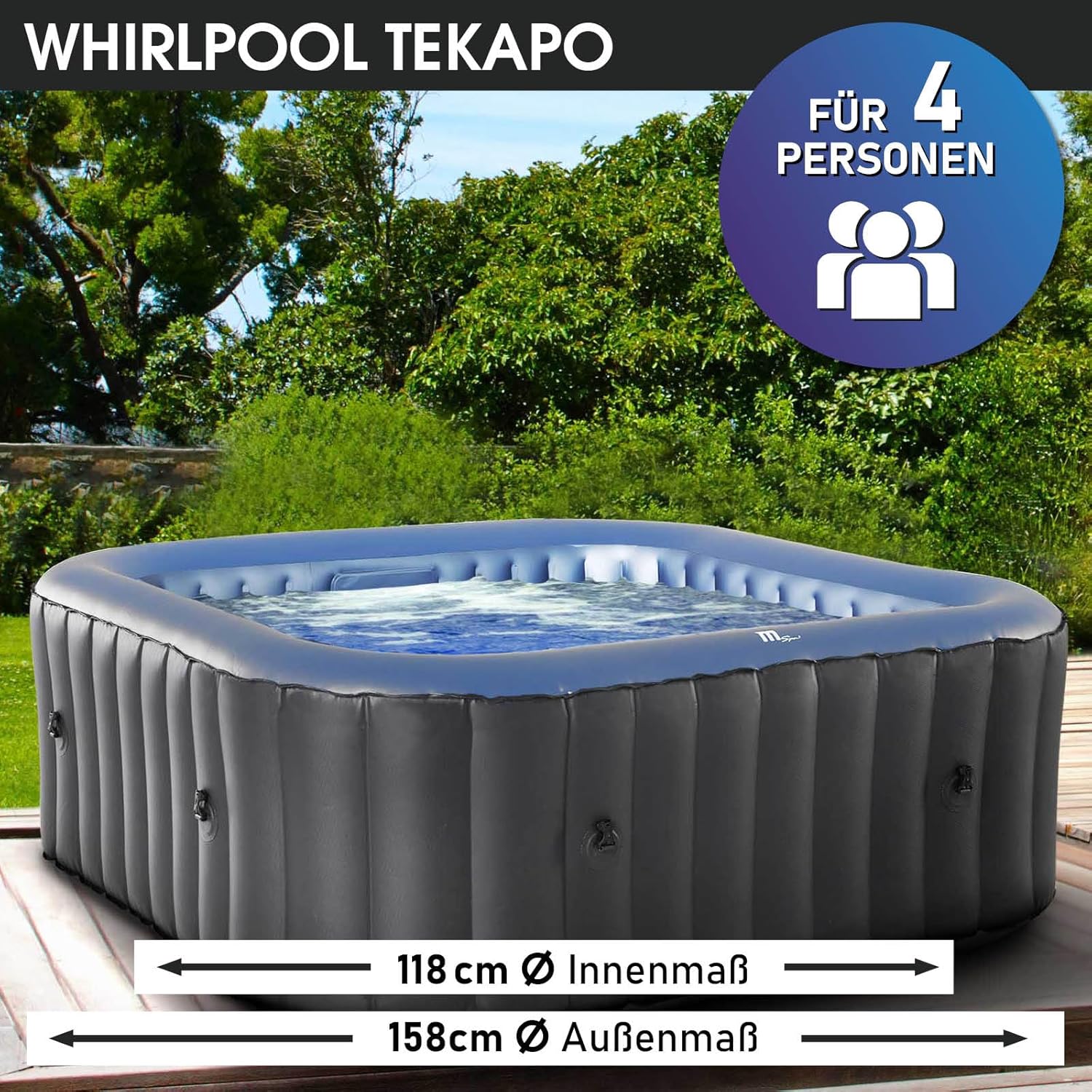 👨👩👧👦 Whirlpools für Familien & Gruppen – Whirlpool MSpa – Aufblasbarer Whirlpool für 4 Personen – 158 x 158 cm großer Innen-/Außenpool – 108 Massagedüsen, Timer-Heizung, Aufblasfunktion mit Druckknopfsteuerung – TÜV-geprüftes Sprudel-Spa/Wellness-Massagegerät – Bild 2