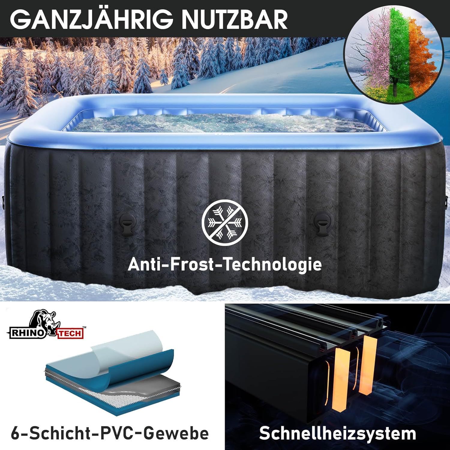 👨👩👧👦 Whirlpools für Familien & Gruppen – Whirlpool MSpa – Aufblasbarer Whirlpool für 4 Personen – 158 x 158 cm großer Innen-/Außenpool – 108 Massagedüsen, Timer-Heizung, Aufblasfunktion mit Druckknopfsteuerung – TÜV-geprüftes Sprudel-Spa/Wellness-Massagegerät – Bild 4