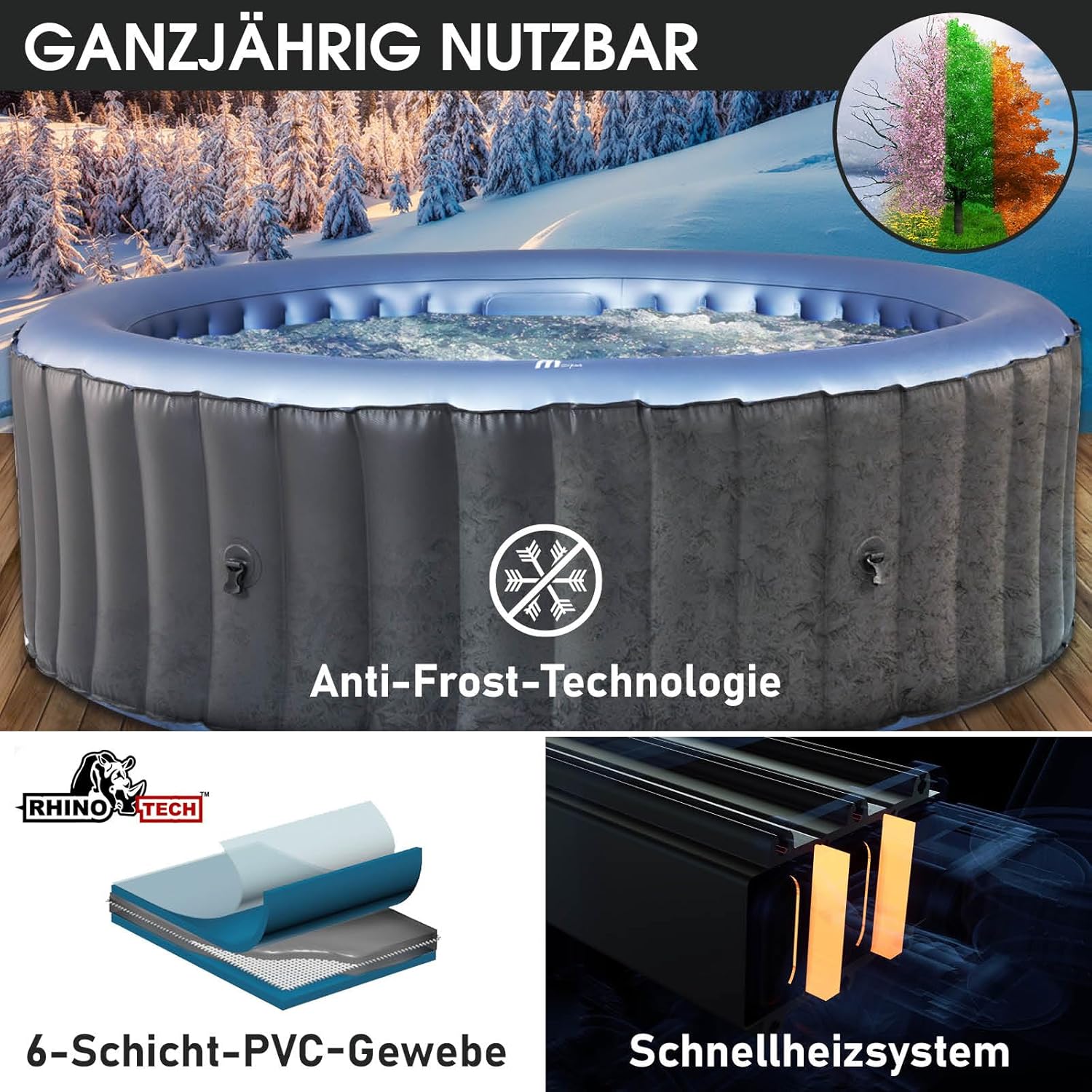 👨👩👧👦 Whirlpools für Familien & Gruppen – BRAST® MSpa Bergen aufblasbarer Whirlpool für 4-8 Personen, viele Größen, Durchmesser 180-224 cm, In- Outdoor Pool, ganzjähriger Einsatz, bis zu 144 Massagedüsen, energiesparend inklusive Energiespartimer, Bergen 4 – Bild 4