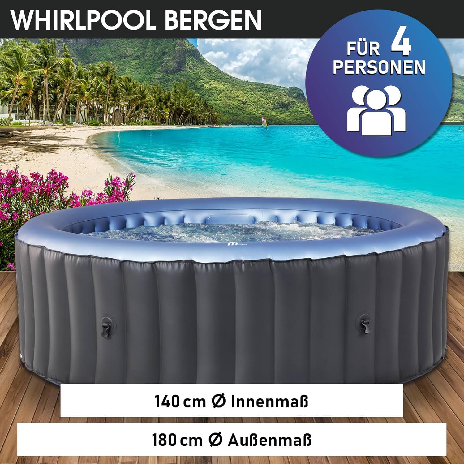 👨👩👧👦 Whirlpools für Familien & Gruppen – BRAST® MSpa Bergen aufblasbarer Whirlpool für 4-8 Personen, viele Größen, Durchmesser 180-224 cm, In- Outdoor Pool, ganzjähriger Einsatz, bis zu 144 Massagedüsen, energiesparend inklusive Energiespartimer, Bergen 4 – Bild 2