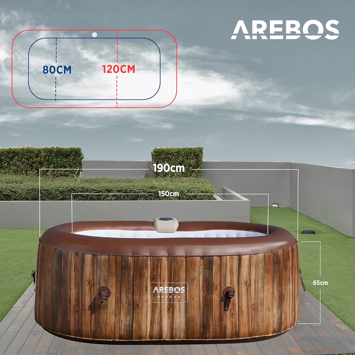 🧊 Whirlpools für Balkon & Terrasse – Arebos Whirlpool aufblasbar für drinnen und draußen, 190 x 120 cm, oval, 2 Personen, 90 Massagedüsen mit Heizung, 550 Liter, inklusive Abdeckung, Sprudelbad, Spa & Wellness-Massage – Bild 4