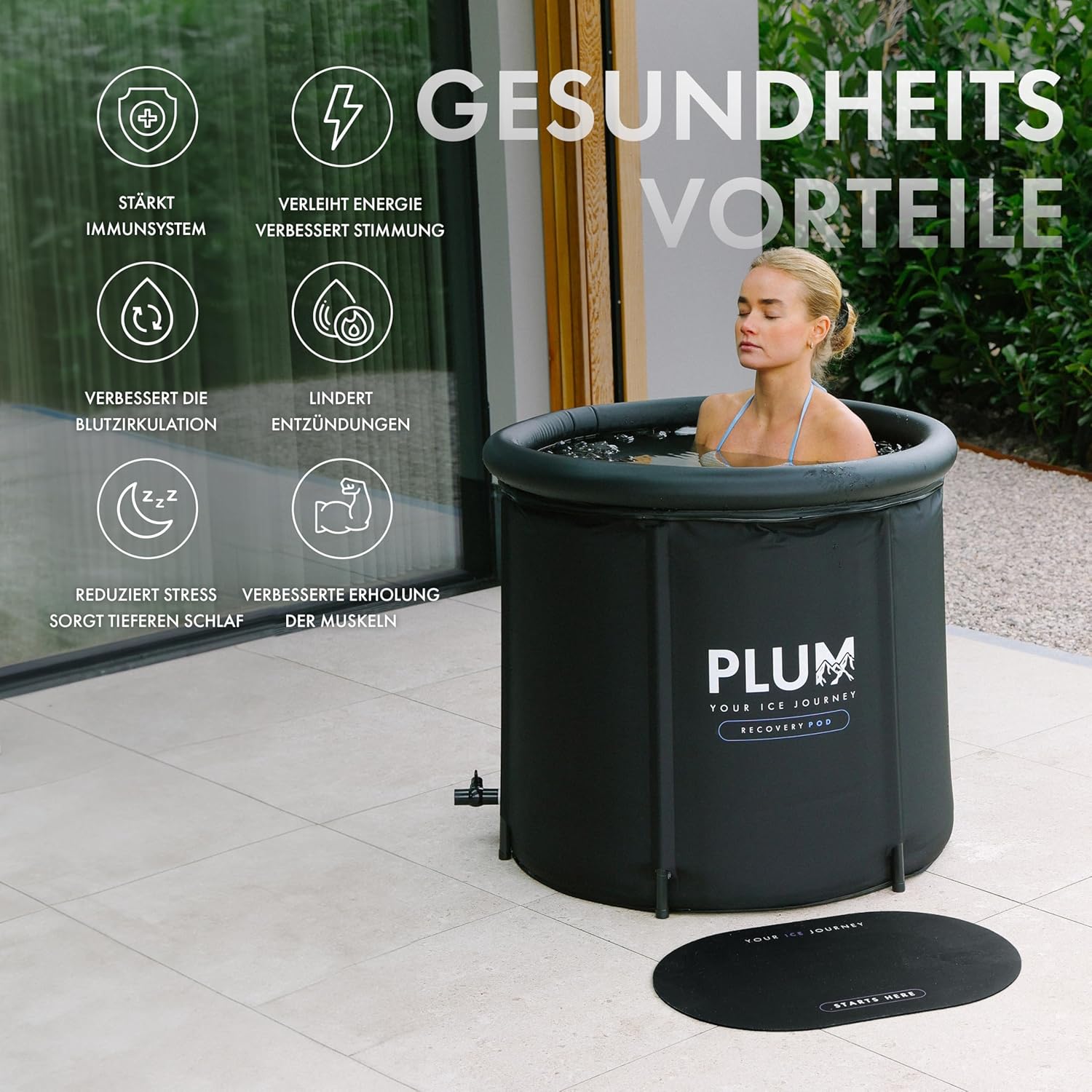 🧊 Whirlpools für Balkon & Terrasse – PLUM - Eisbad (Durchmesser 80 cm) XL Komplettset – Eisbehälter mit Eisbadzubehör – Eisbad für die Kryotherapie zu Hause – faltbare Badewanne mit 5 dicken Isolationsschichten – Eisbadfass – Bild 4