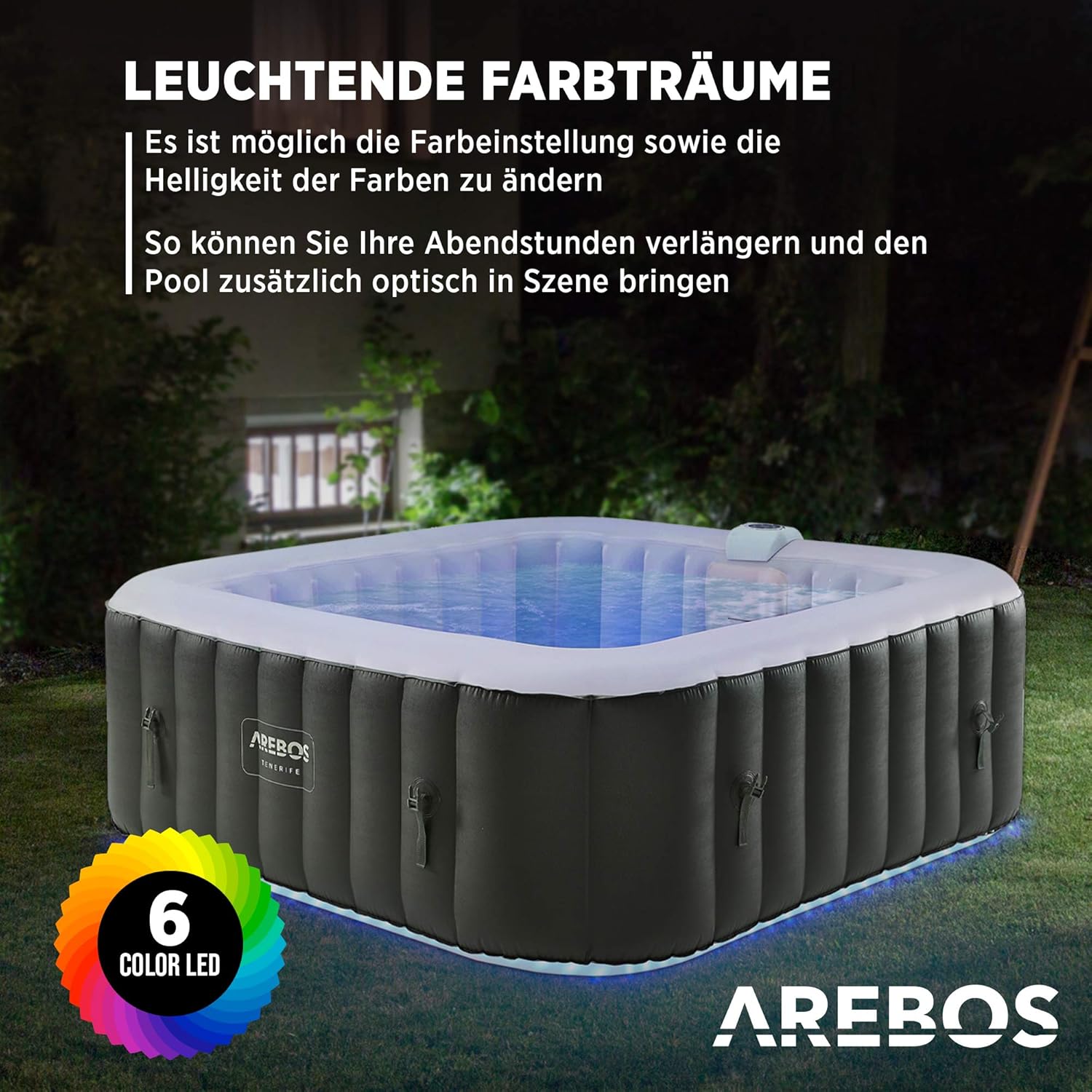 🧊 Whirlpools für Balkon & Terrasse – Arebos Spa Whirlpool 2400 W | Automatisch aufblasbar | Innen- und Außen-Spa-Pool | 6 Personen | 185 x 185 cm | LED-Beleuchtung | 130 Massagedüsen | 910 L | Inklusive Cover | Bubble Spa & Wellness-Massage – Bild 4