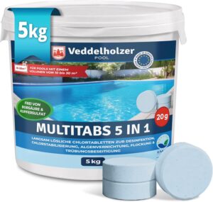 🧼 Zubehör & Pflege – Veddelholzer 5 kg Multitabs 5 in 1 Chlorine Tablets for Pool as 20 g Tablets for Pools from 10 m³ to 30 m³ Pool Accessories for Pools Slow Dissolving, Long-Term Chlorine Tablets for Cleaning and