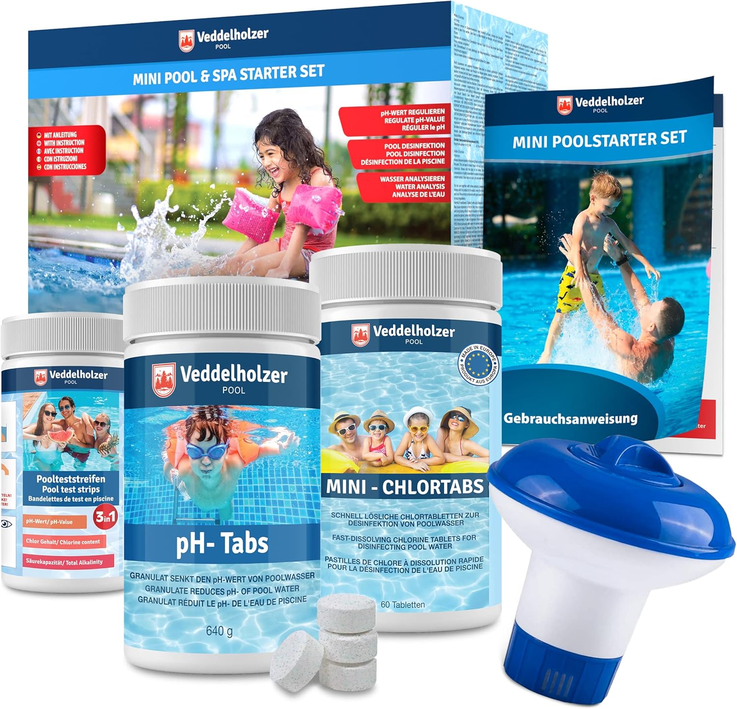 🧼 Zubehör & Pflege – Veddelholzer Mini 4-in-1 Pool Cleaning Set & Spa Pool Cleaner, Tester pH, Chlorine Tablets for Pool 2.7 g, pH Minus, Skimmer for Pool Care for Beginners with Instructions Perfect Pool Cleaning