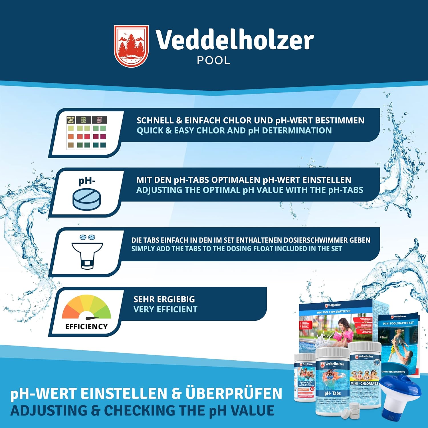 🧼 Zubehör & Pflege – Veddelholzer Mini 4-in-1 Pool Cleaning Set & Spa Pool Cleaner, Tester pH, Chlorine Tablets for Pool 2.7 g, pH Minus, Skimmer for Pool Care for Beginners with Instructions Perfect Pool Cleaning – Bild 2
