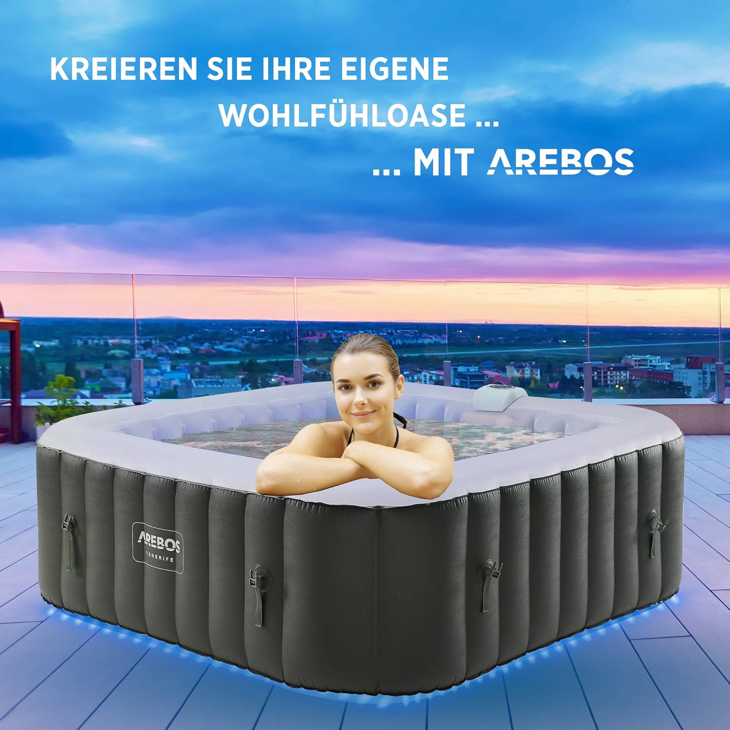 🧊 Whirlpools für Balkon & Terrasse – Arebos Spa Whirlpool 2400 W | Automatisch aufblasbar | Innen- und Außen-Spa-Pool | 6 Personen | 185 x 185 cm | LED-Beleuchtung | 130 Massagedüsen | 910 L | Inklusive Cover | Bubble Spa & Wellness-Massage – Bild 2