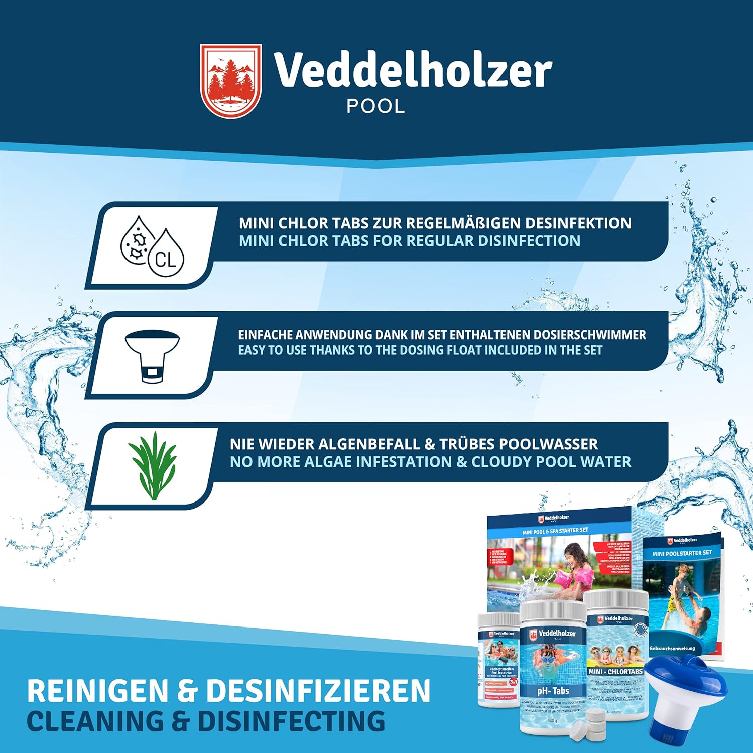 🧼 Zubehör & Pflege – Veddelholzer Mini 4-in-1 Pool Cleaning Set & Spa Pool Cleaner, Tester pH, Chlorine Tablets for Pool 2.7 g, pH Minus, Skimmer for Pool Care for Beginners with Instructions Perfect Pool Cleaning – Bild 3