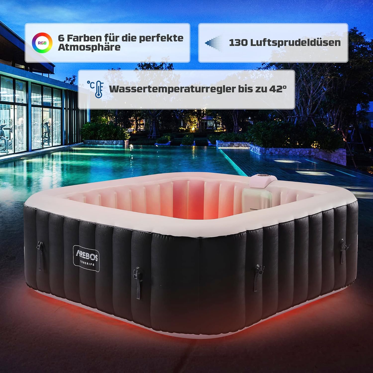 🧊 Whirlpools für Balkon & Terrasse – Arebos Spa Whirlpool 2400 W | Automatisch aufblasbar | Innen- und Außen-Spa-Pool | 6 Personen | 185 x 185 cm | LED-Beleuchtung | 130 Massagedüsen | 910 L | Inklusive Cover | Bubble Spa & Wellness-Massage – Bild 6