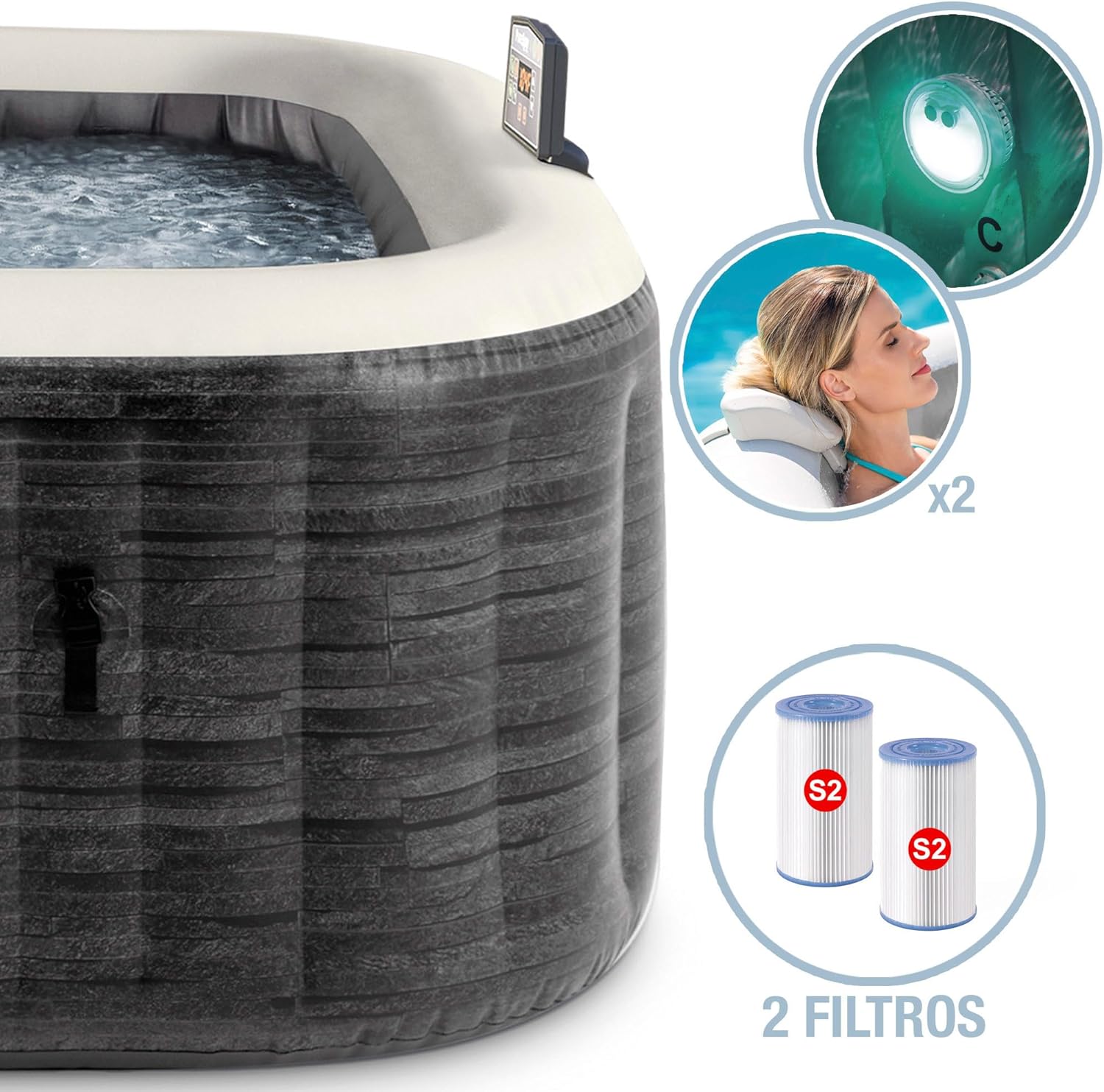 👨👩👧👦 Whirlpools für Familien & Gruppen – INTEX PureSpa Greywood Deluxe Innen- und Außenwhirlpool, aufblasbar, für 4 Personen, 795 l (145 x 71 cm), inklusive Wasserenthärtungs- und Salzwassersystem, 140 Massagedüsen, Heizsystem, App-Steuerung – Bild 5