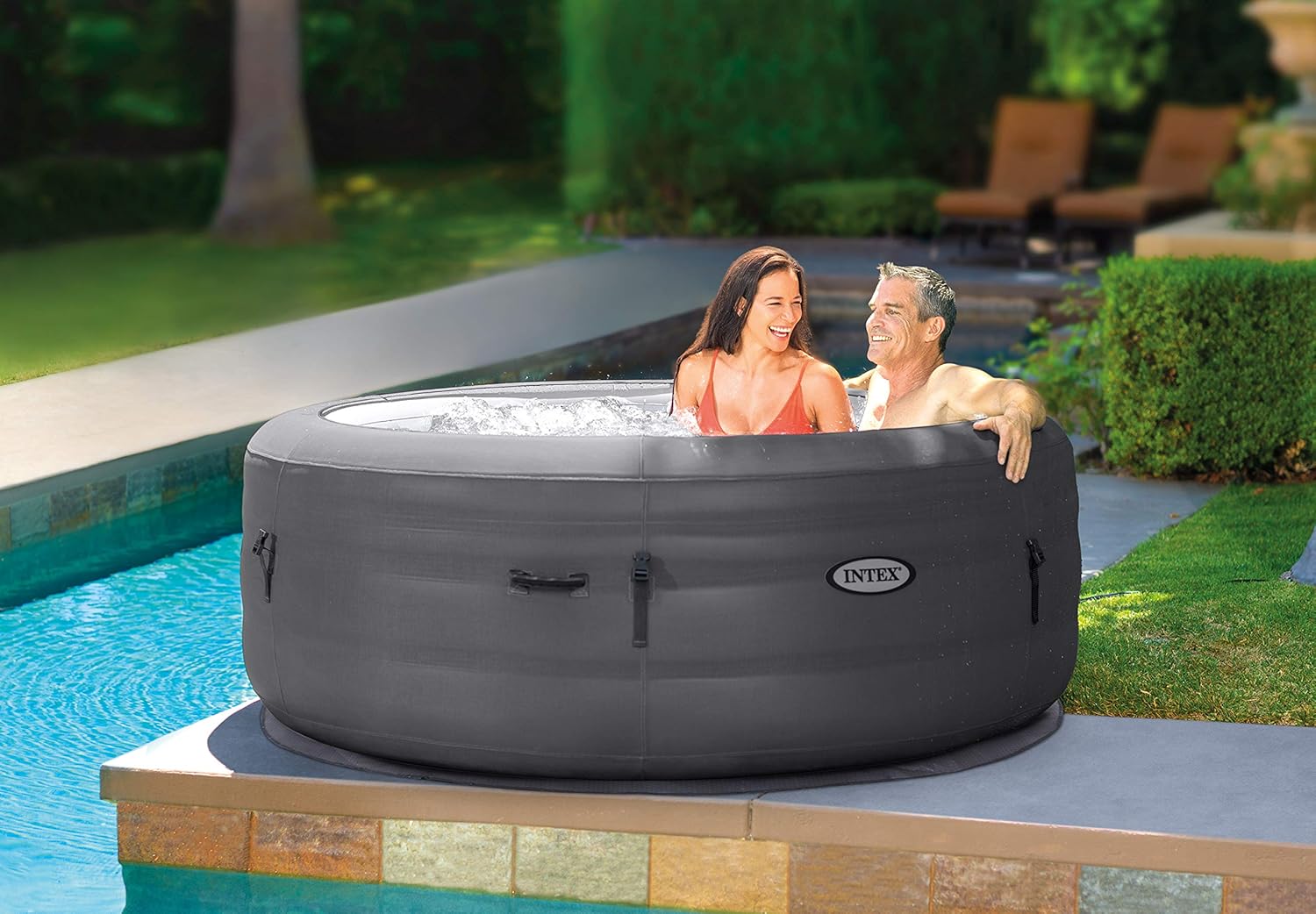 👨👩👧👦 Whirlpools für Familien & Gruppen – Intex Simple Spa 28482 Aufblasbarer Whirlpool, 4 Personen, 100 Düsen, Heizung, Grau, Durchmesser 196 x 66 cm – Bild 2