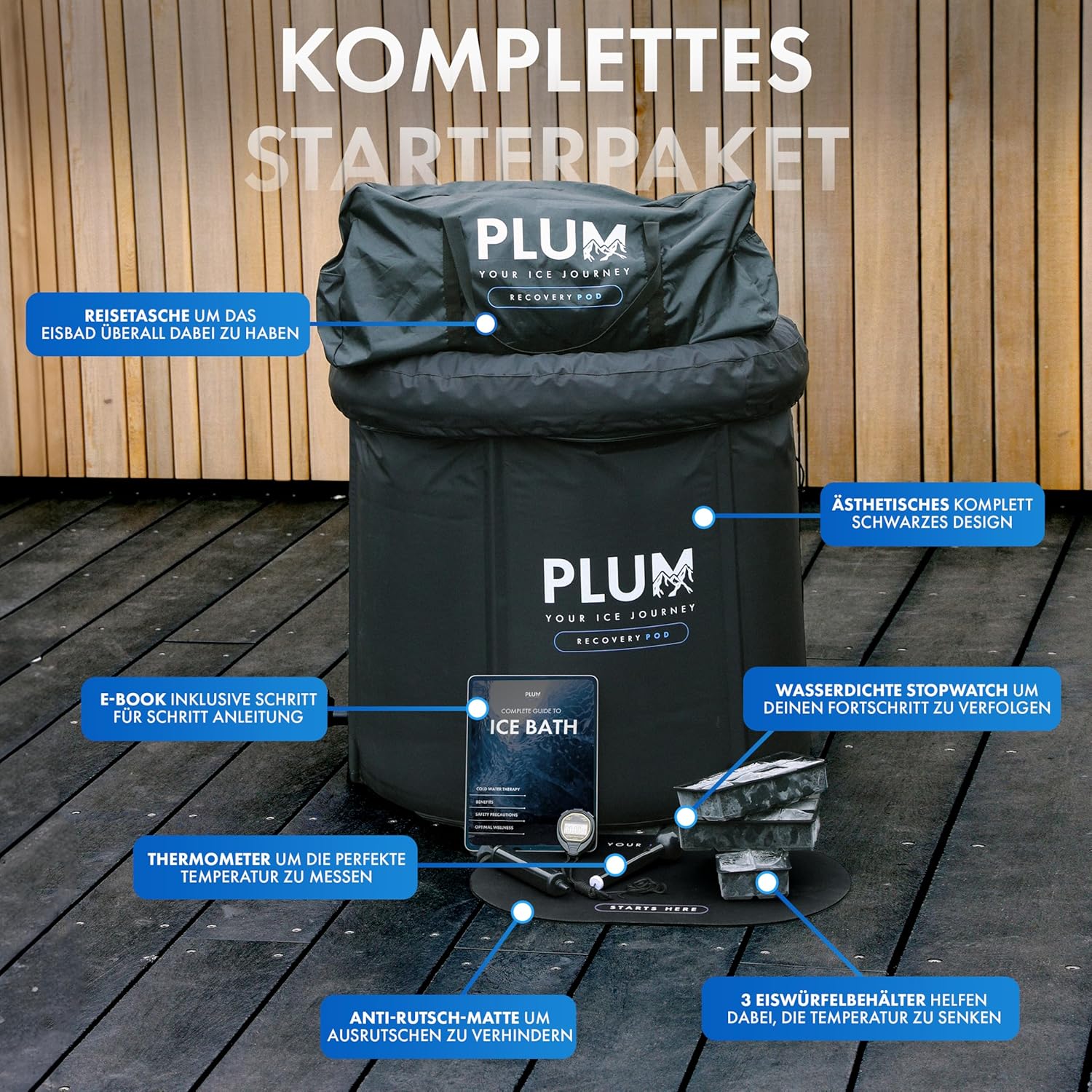 🧊 Whirlpools für Balkon & Terrasse – PLUM - Eisbad (Durchmesser 80 cm) XL Komplettset – Eisbehälter mit Eisbadzubehör – Eisbad für die Kryotherapie zu Hause – faltbare Badewanne mit 5 dicken Isolationsschichten – Eisbadfass – Bild 2