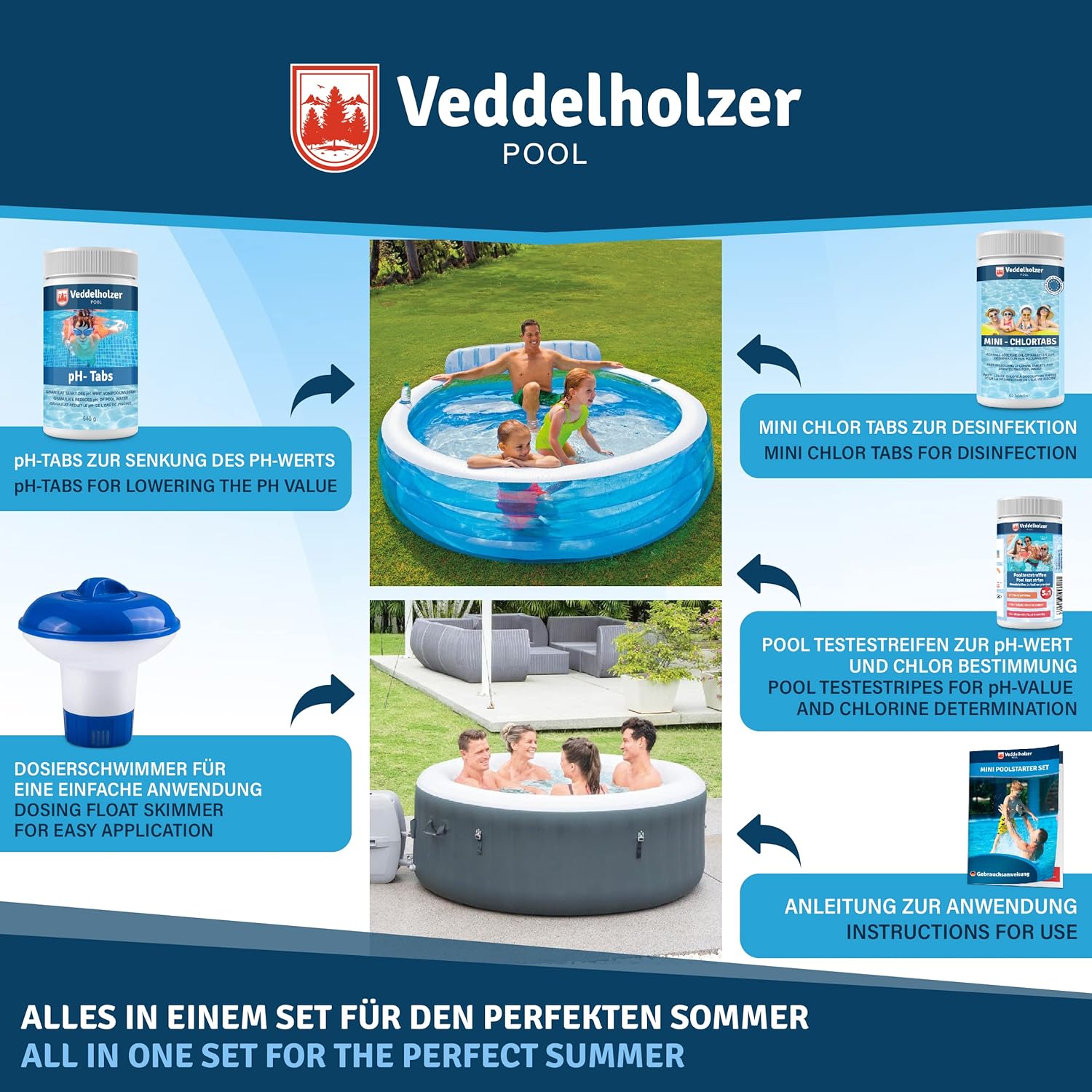 🧼 Zubehör & Pflege – Veddelholzer Mini 4-in-1 Pool Cleaning Set & Spa Pool Cleaner, Tester pH, Chlorine Tablets for Pool 2.7 g, pH Minus, Skimmer for Pool Care for Beginners with Instructions Perfect Pool Cleaning – Bild 6