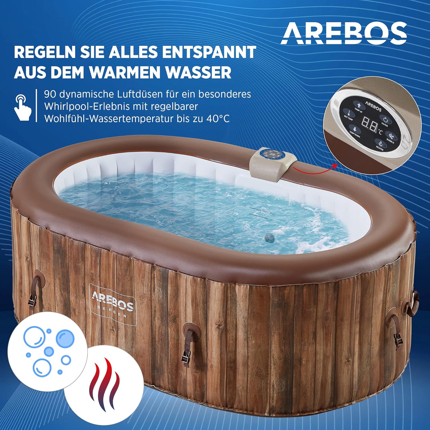 🧊 Whirlpools für Balkon & Terrasse – Arebos Whirlpool aufblasbar für drinnen und draußen, 190 x 120 cm, oval, 2 Personen, 90 Massagedüsen mit Heizung, 550 Liter, inklusive Abdeckung, Sprudelbad, Spa & Wellness-Massage – Bild 3