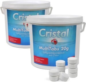 🧼 Zubehör & Pflege – Cristal Chlorine Multitabs 20 g - 10 kg Bucket - 5-in-1 Water Care for Pools and Hot Tubs - Long-Term Disinfection, Algae Prevention & pH Stabilisation