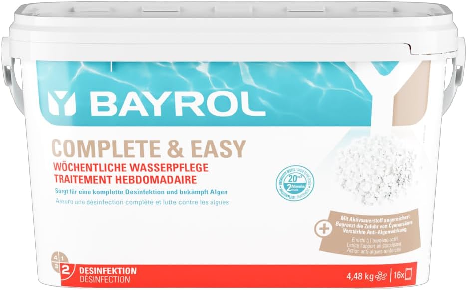 🧼 Zubehör & Pflege – BAYROL Complete & Easy 4.48 kg – Easy Weekly Complete Care for the Pool – Disinfectant, Algae Prevention & Clarifying Effect – 8 Pre-Dosed Double Bags – Hygienically Pure Pool Water