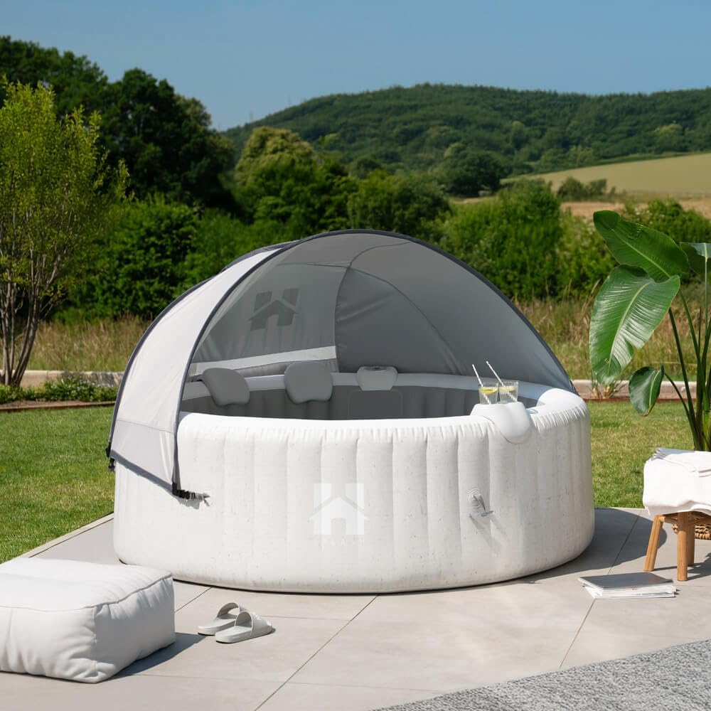 ⭐ Luxus Whirlpools – Home Deluxe - Outdoor-Whirlpool - Splash + Kissen, Getränkehalter und Sonnendach - Farbe: Beton, Durchmesser 208 cm, 130 Luftdüsen - inkl. Abdeckung, Reparaturset, Filterset I Outdoor-Whirlpool für 6 Personen – Bild 2