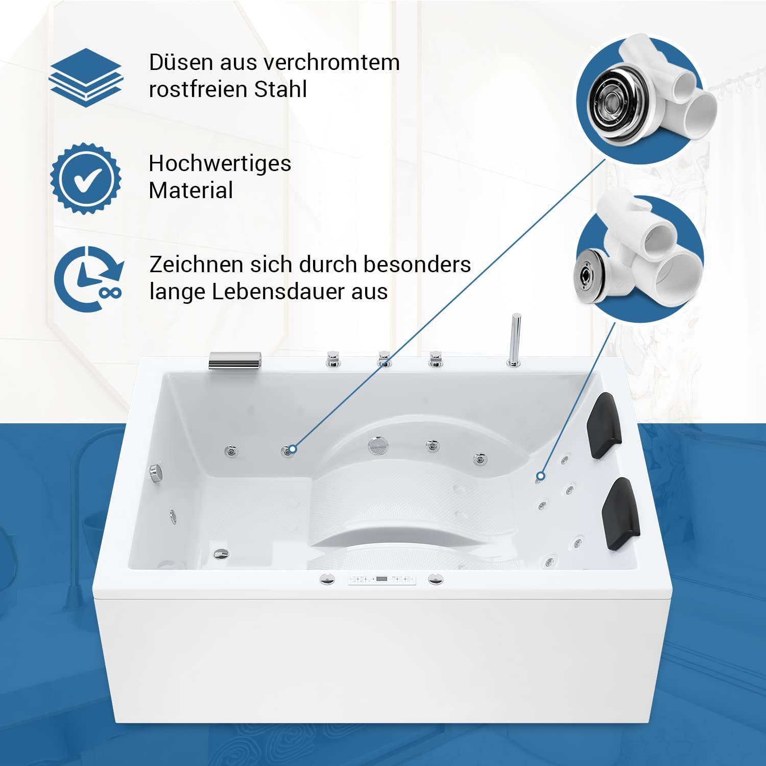 ⭐ Luxus Whirlpools – AQUADE Jacuzzi Marburg Classic 2 Personen Whirlpool 180 x 130 cm mit LED Whirlpoolbeleuchtung, Wasserhahn Whirlpool Badewanne & Badekissen für Badewanne Whirlpool 2 Personen / Badewanne Komplettset – Bild 3