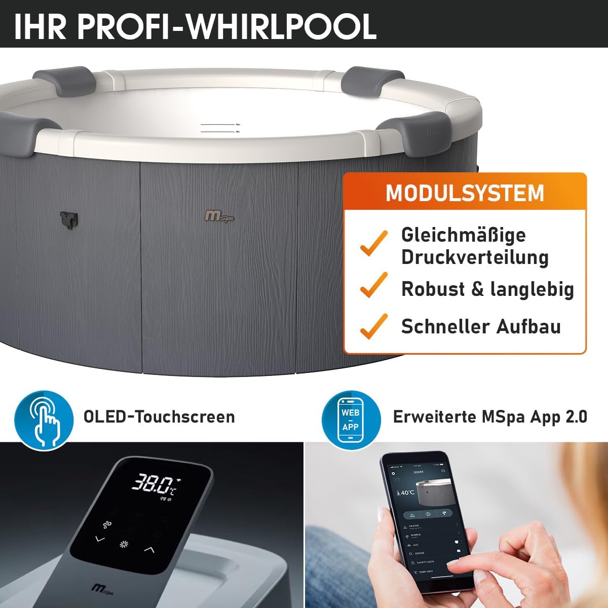 ⭐ Luxus Whirlpools – BRAST Whirlpool MSpa Denver with Fixed Outer Wall, Diameter 182 x 70 cm, LED Lighting with 20 Adjustable Colours for 6 People, 130 Massage Jets, Year-Round Use Winterproof, Indoor and Outdoor Pool – Bild 3