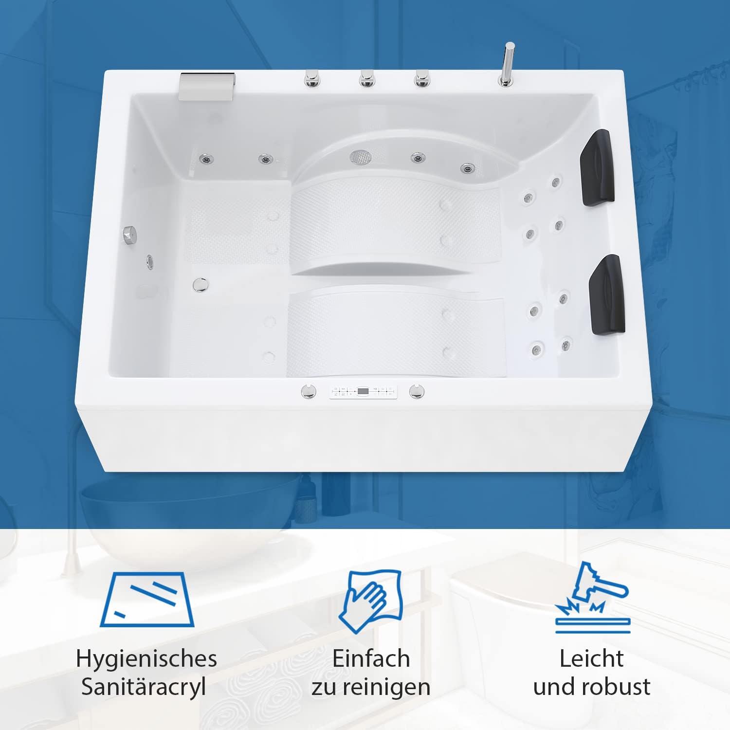 ⭐ Luxus Whirlpools – AQUADE Jacuzzi Marburg Classic 2 Personen Whirlpool 180 x 130 cm mit LED Whirlpoolbeleuchtung, Wasserhahn Whirlpool Badewanne & Badekissen für Badewanne Whirlpool 2 Personen / Badewanne Komplettset – Bild 2